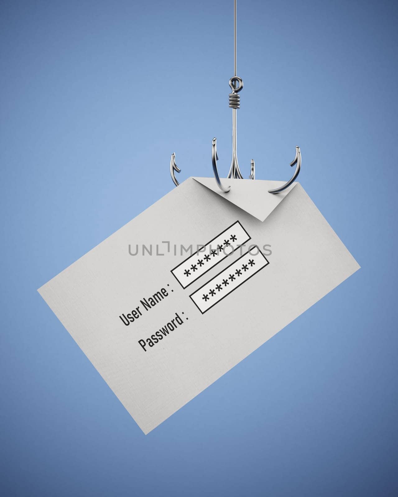 Fish hook stealing user name and password written paper. 3D illustration.