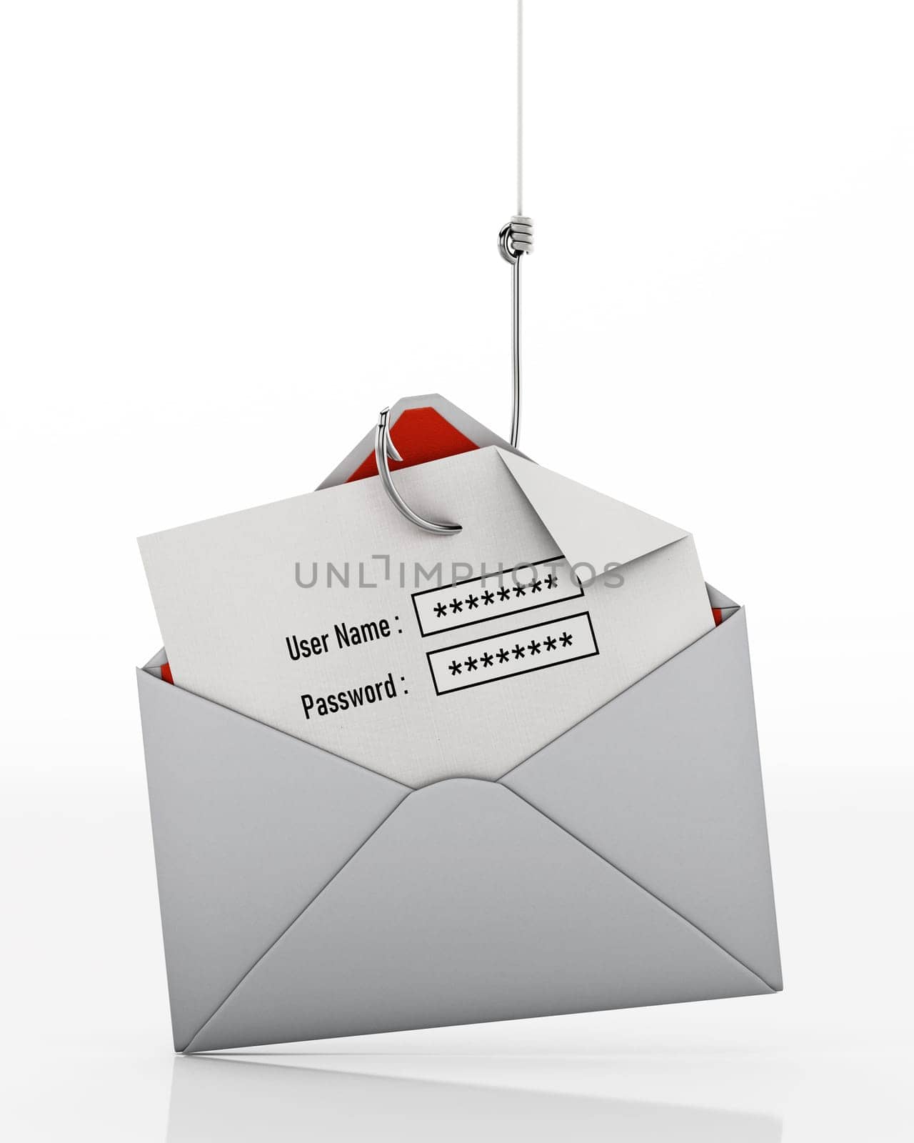 Fish hook stealing user name and password text areas on paper inside an enveloppe. 3D illustration.