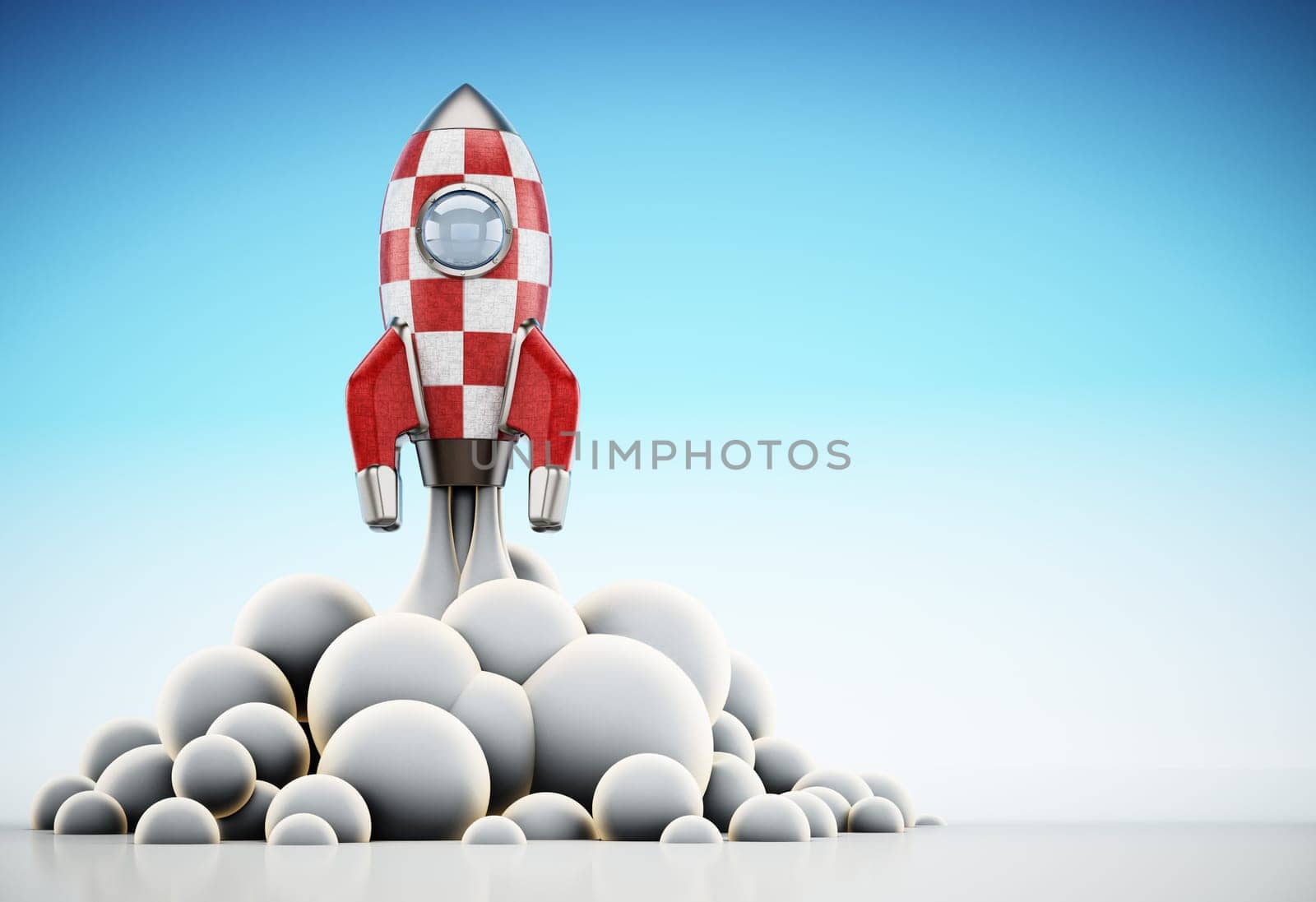 Vintage rocket ship launching to space. 3D illustration.