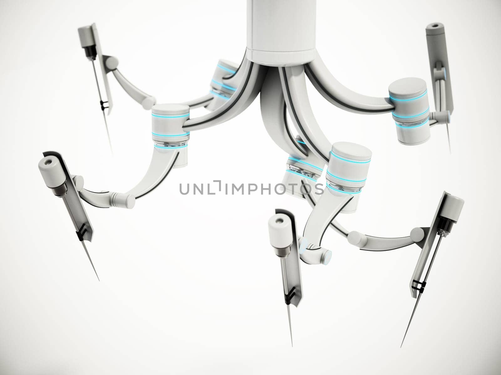 Robotic arms for robotic assisted surgery isolated on white background. 3D illustration.