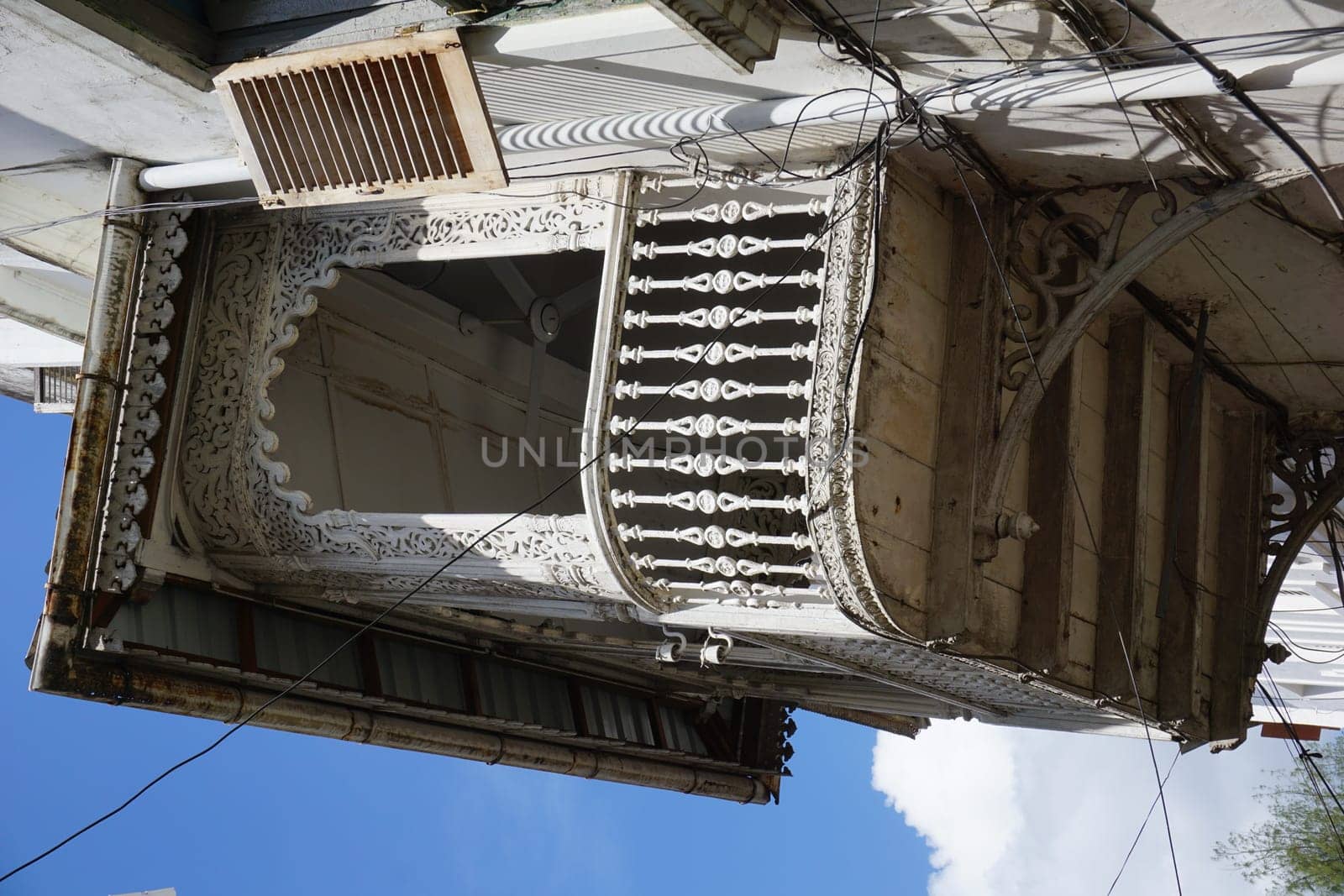 Adorned wooden balconi in Stone Town, Zanzibar, Tanzania 2021