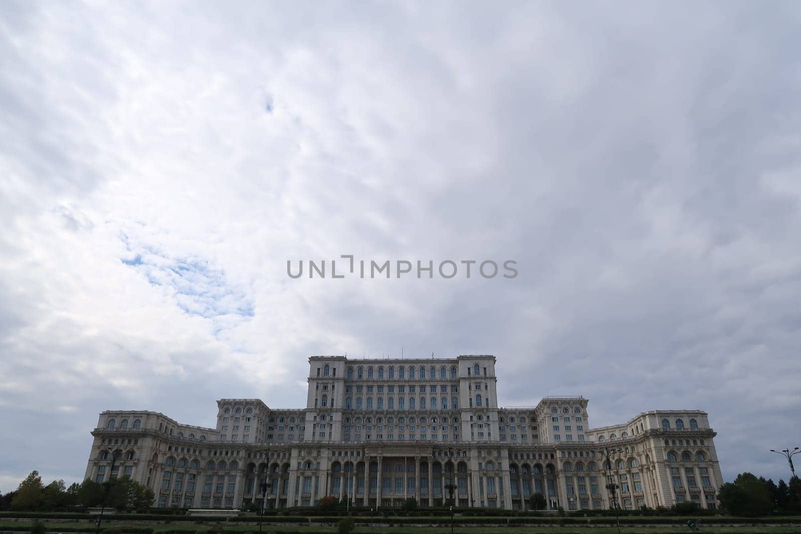 The Palace of the Parliament on a cloudy day, Bucharest, Romania 2021