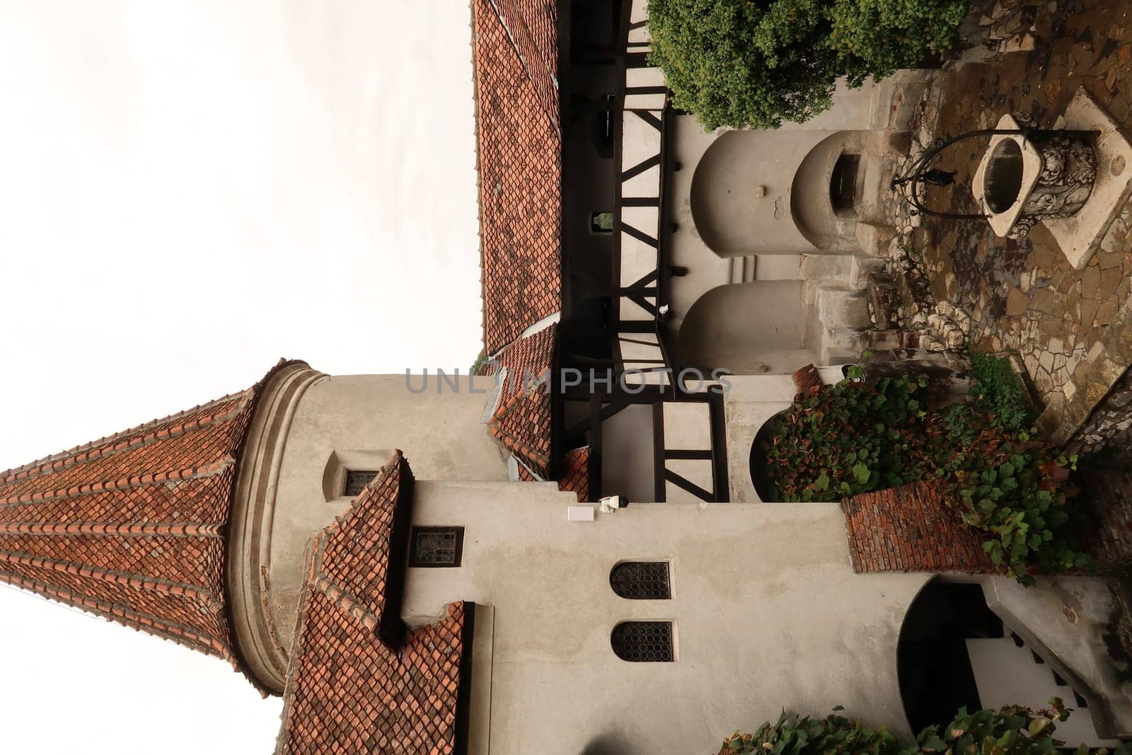 View on the western tower and into the courtyard of Bran Castle, Brasov, Romania 2021