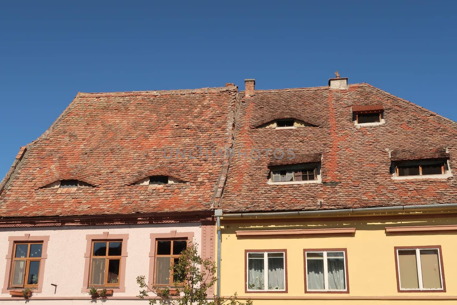 Houses in Sibiu with their typical roof windows, shaped like eyes, Romania 2021