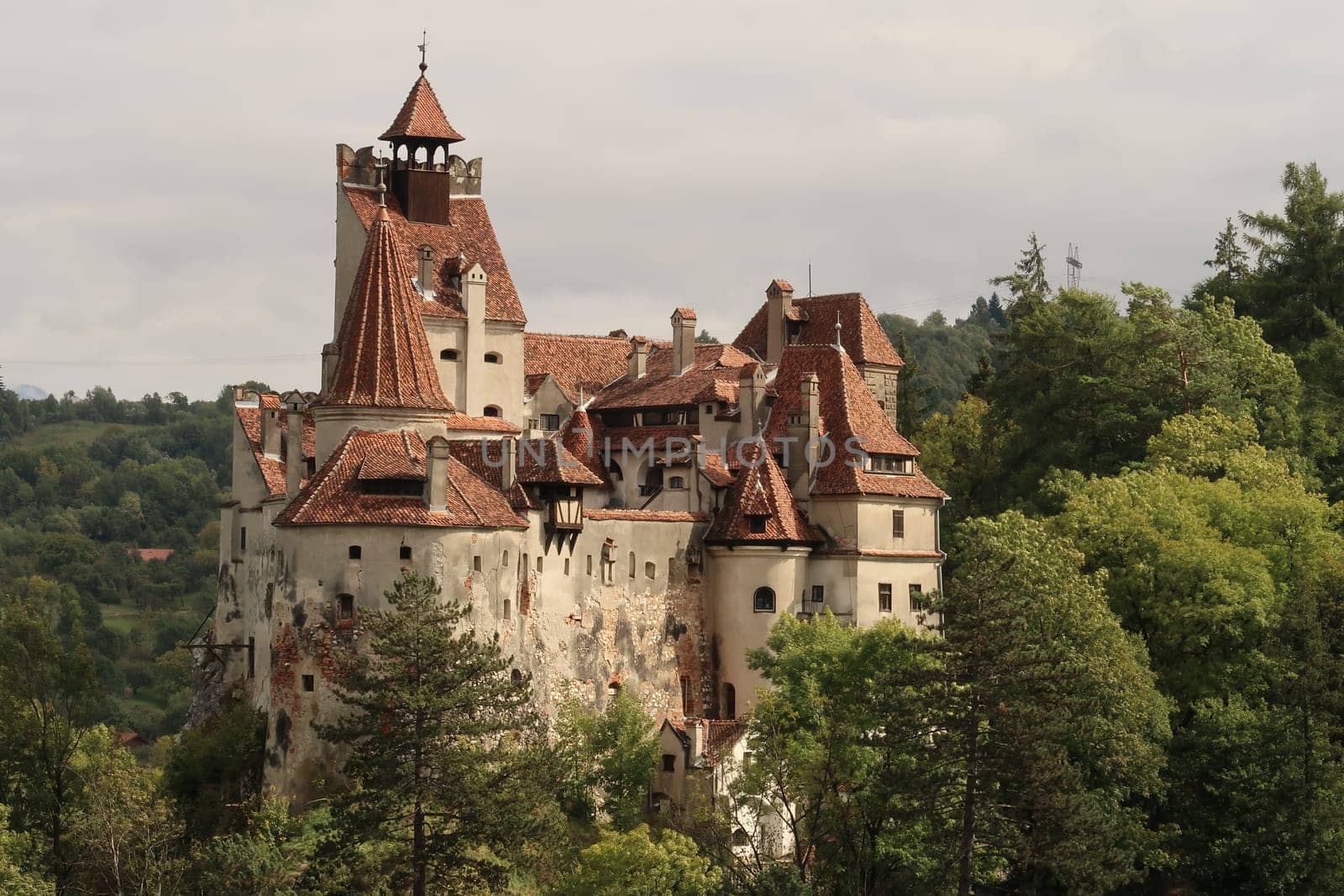 Spectacular view onto Bran Castle on a sunny day, Brasov, Romania 2021