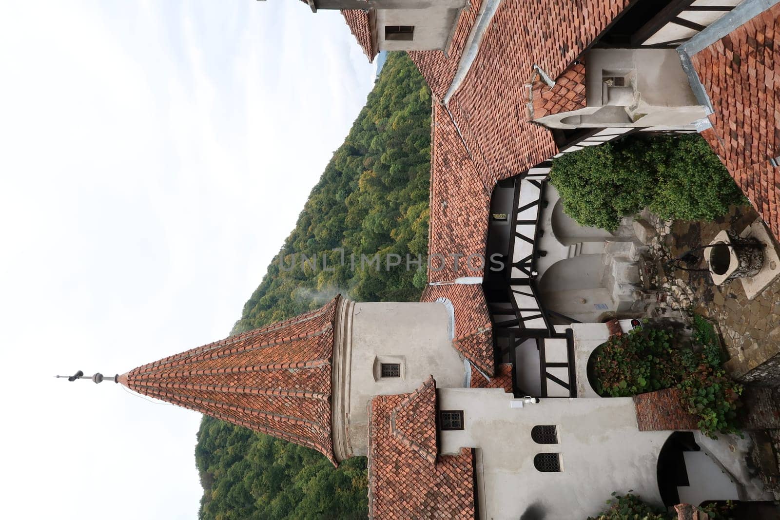 View on the western tower and into the courtyard of Bran Castle, Brasov, Romania 2021