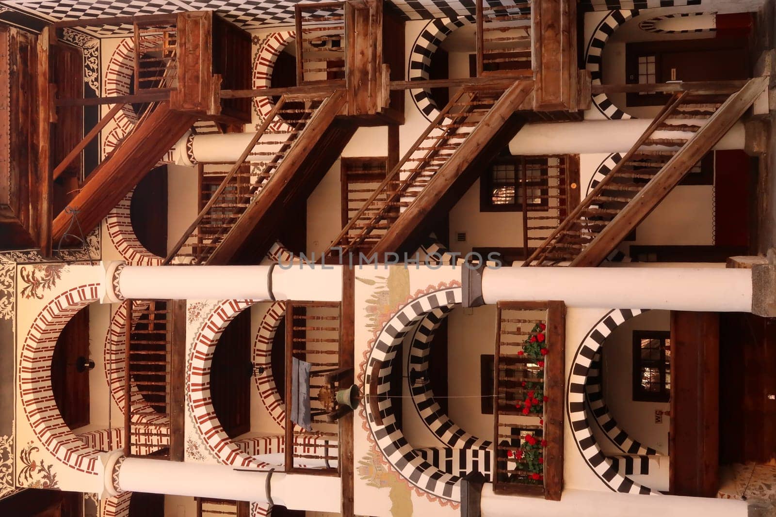 The many stairways leading up to the residential part of Rila Monastery, Bulgaria 2021