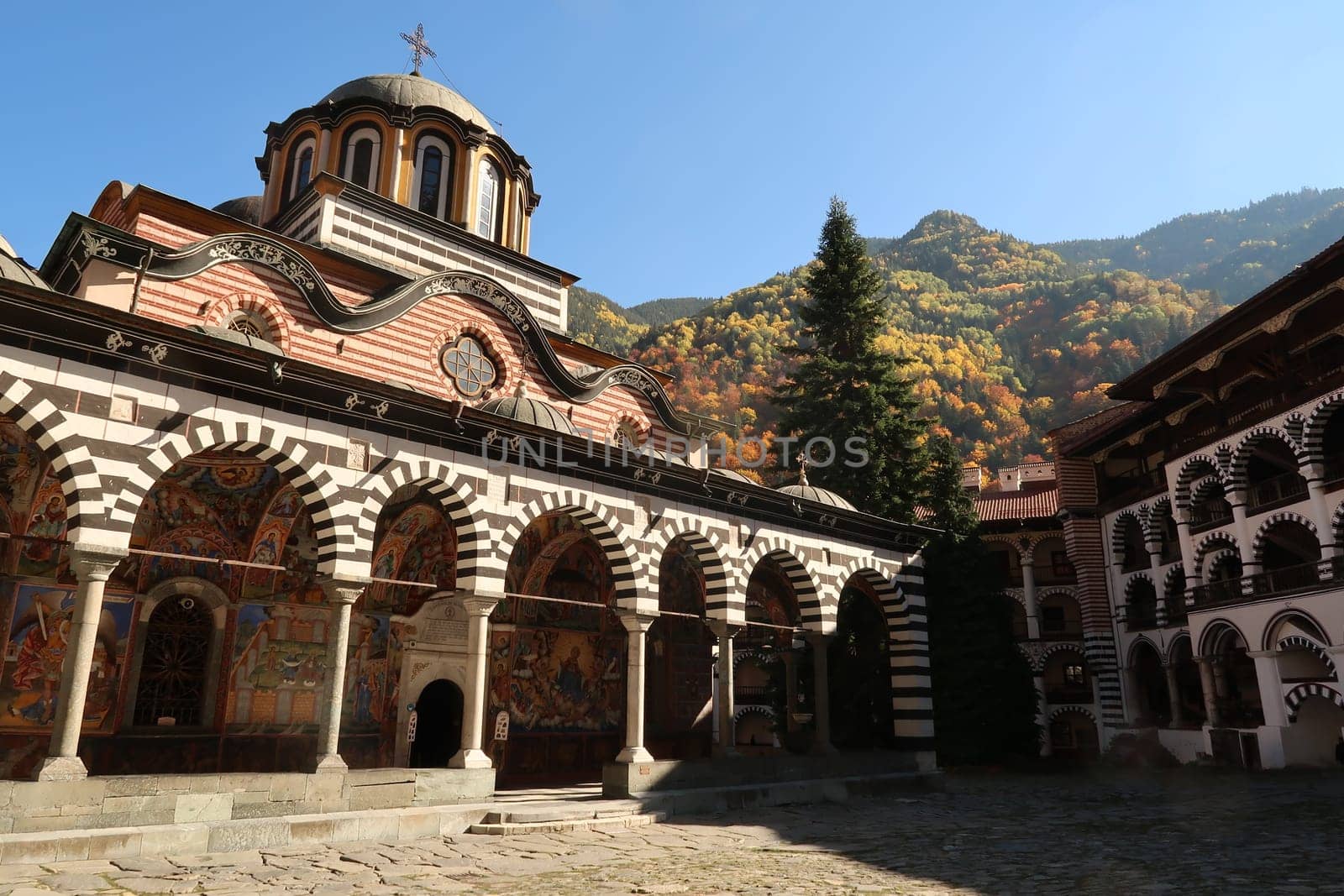 View onto the famous Main Church of Rila Monastery in autumn, bulgaria 2021