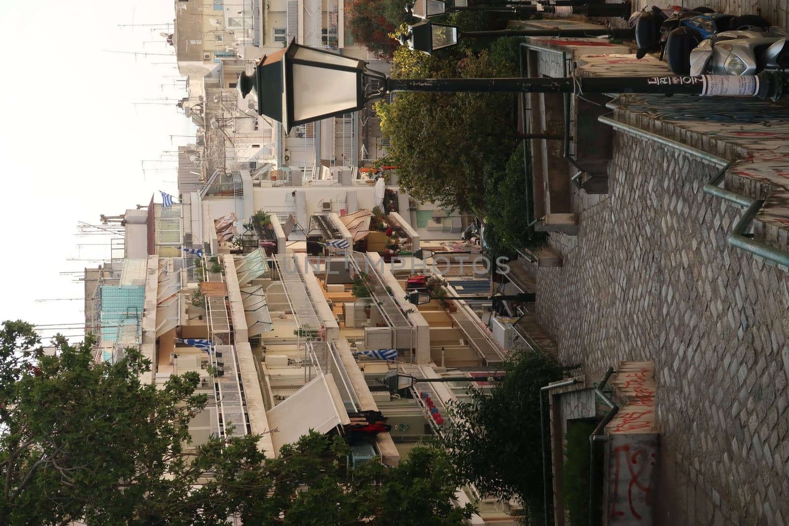 Stairway leading down from Ano Poli neighborhood to downtown Thessaloniki, Greece 2021
