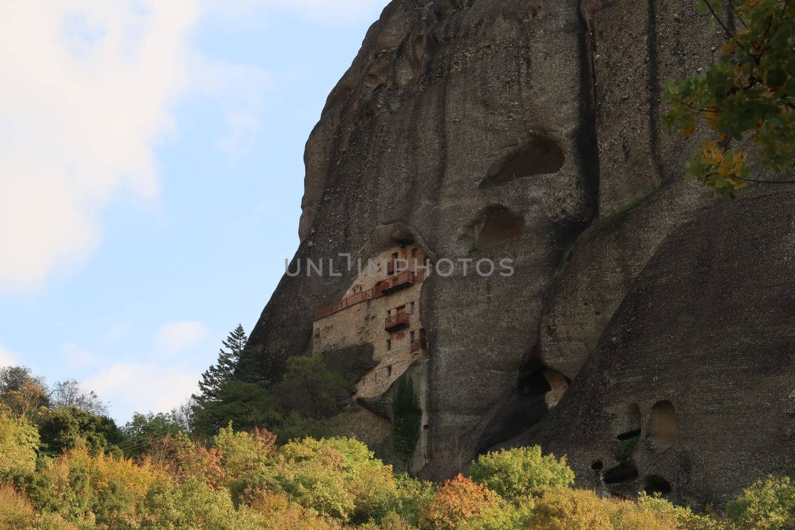 Picturesque view onto the Monastery of Saint Nikolaos Badovas in fall, Meteora Monasteries, Greece 2021