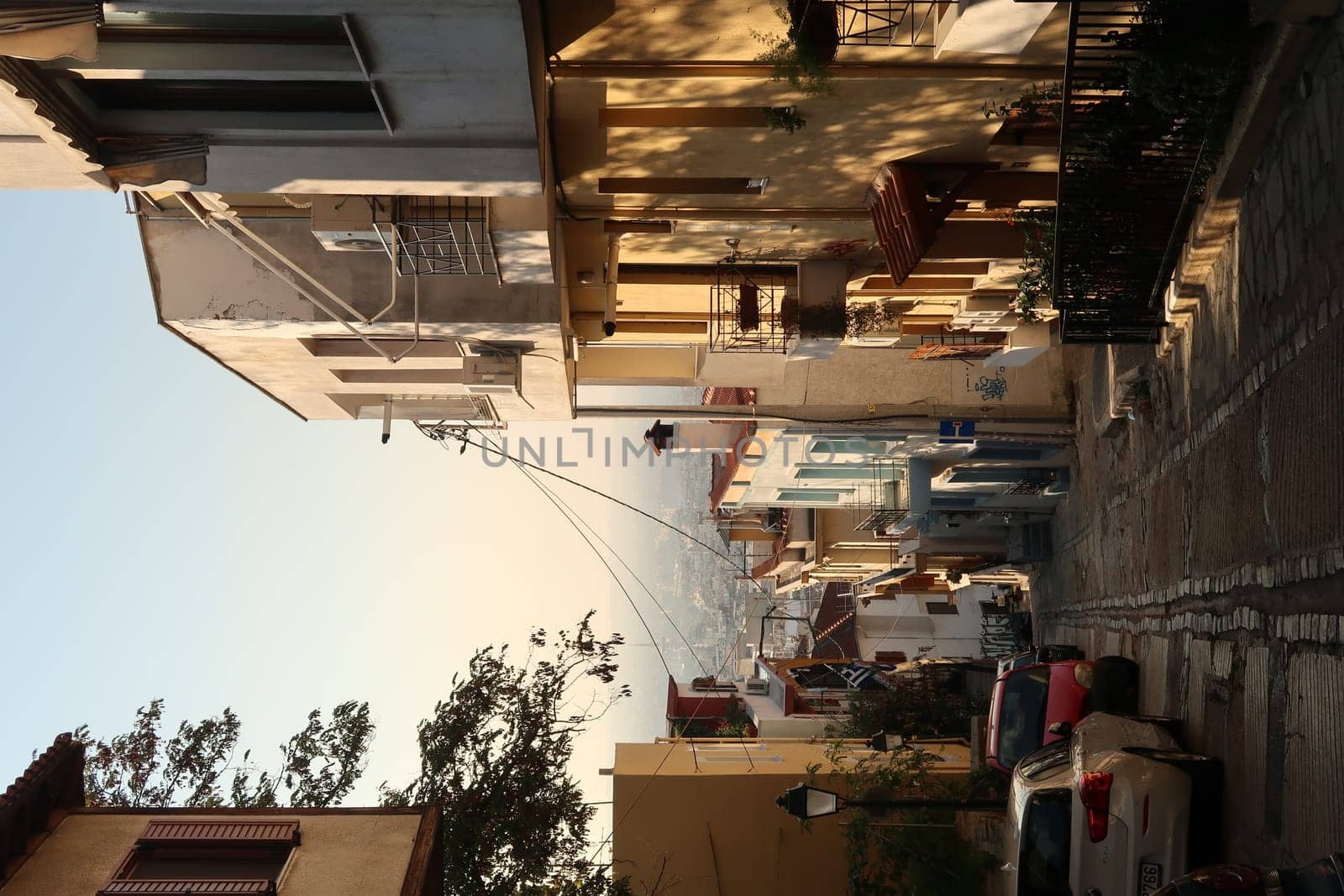 Narrow, steep alley in Ano Poli, Thessaloniki, on the way to the Byzantine Walls, Greece 2021