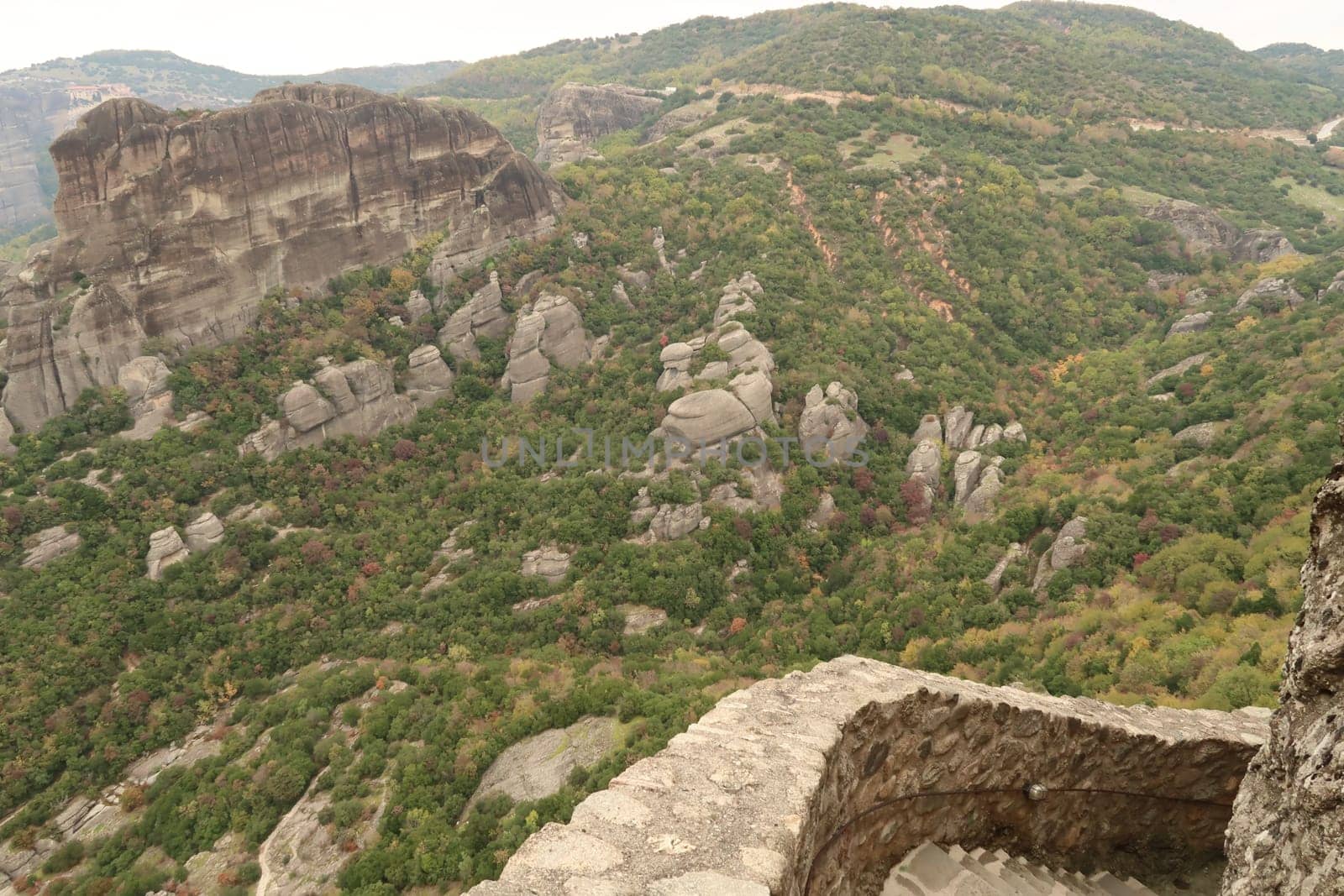 Spectacular view from the Monastery of the Holy Trinity onto the surrounding landscape, Meteora, Greece 2021