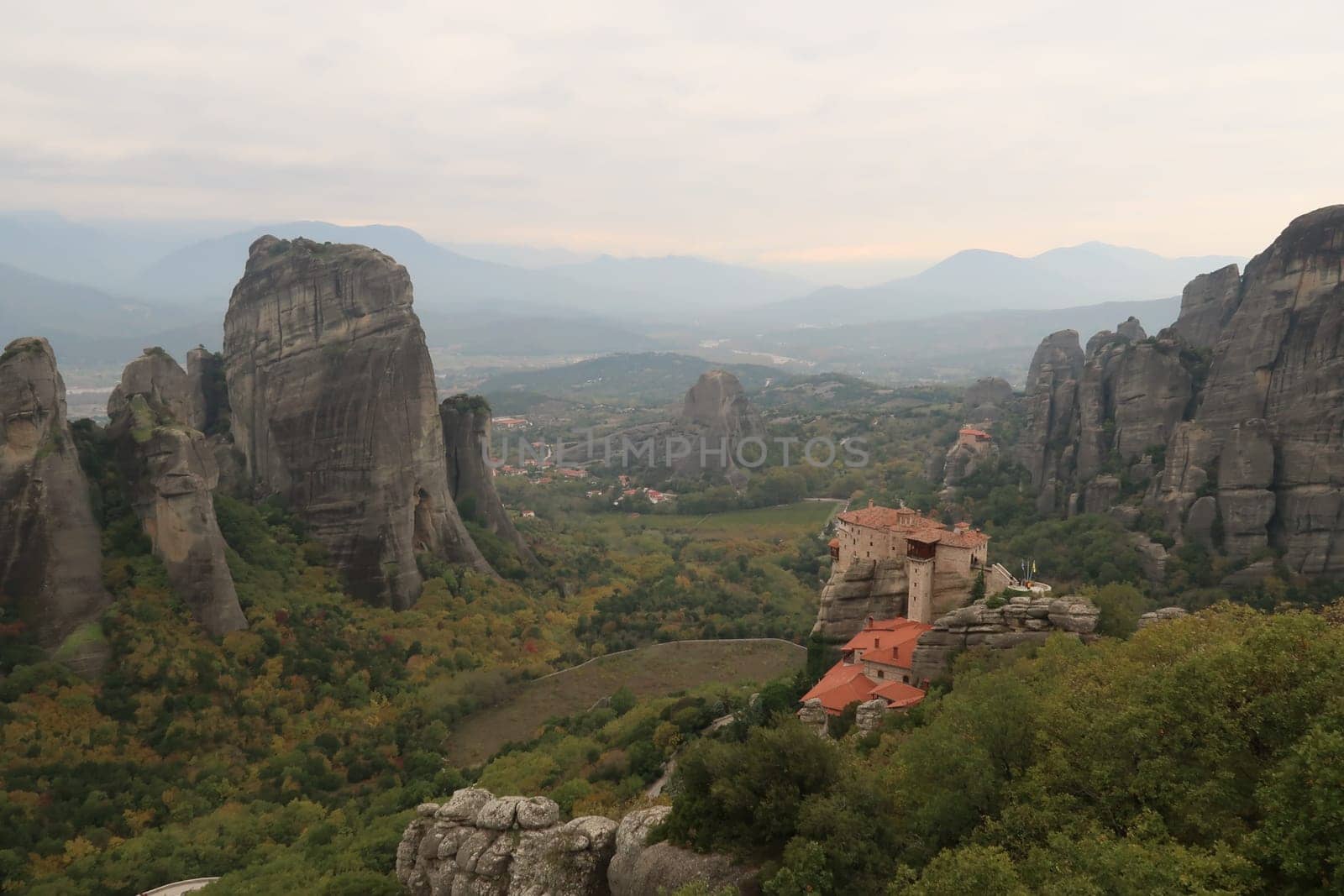 The Monasteries of St. Nicholas Anapafsas, Roussanou surrounded by stone columns, Meteora, Greece 2021