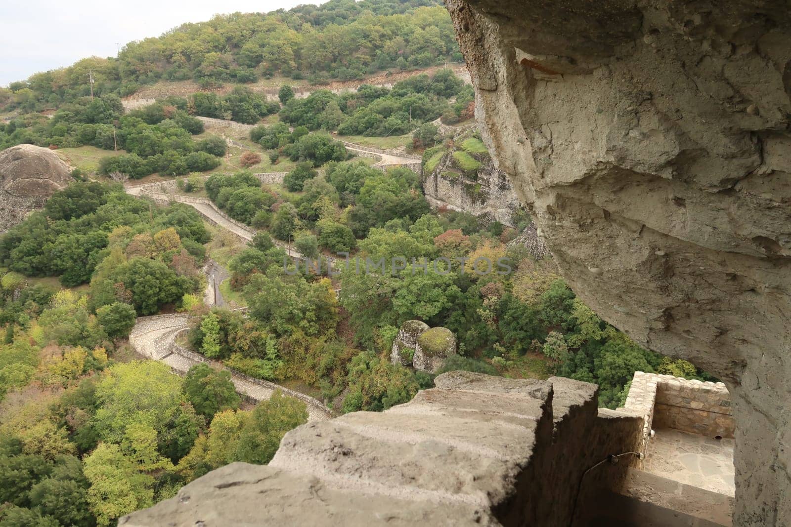 Picturesque vies from the stairs leading up to the Monastery of the Holy Trinity, Meteora, Greece 2021