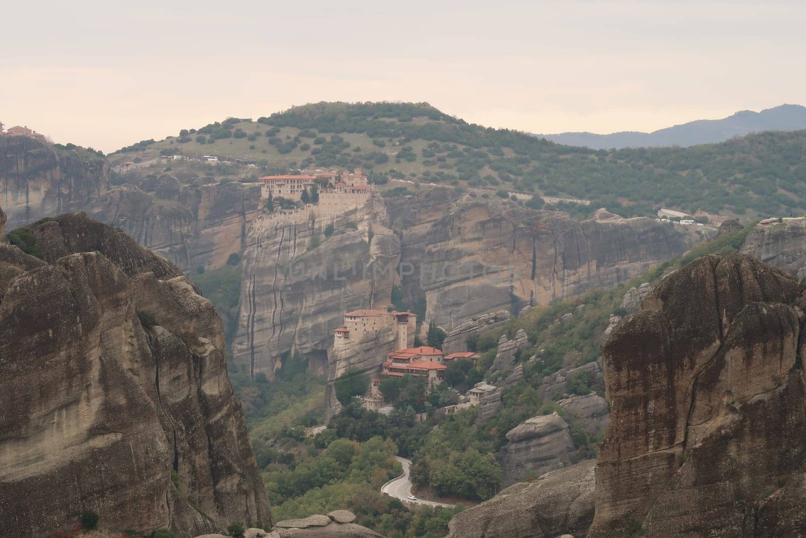 View from the Monastery of the Holy Trinity several other monasteries, Meteora, Greece 2021