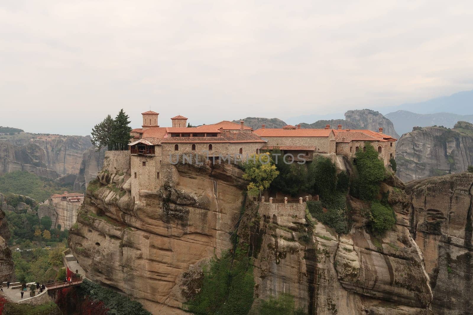 The picturesque Monastery of Varlaam, built on top of a rock formation, Meteora, Greece 2021