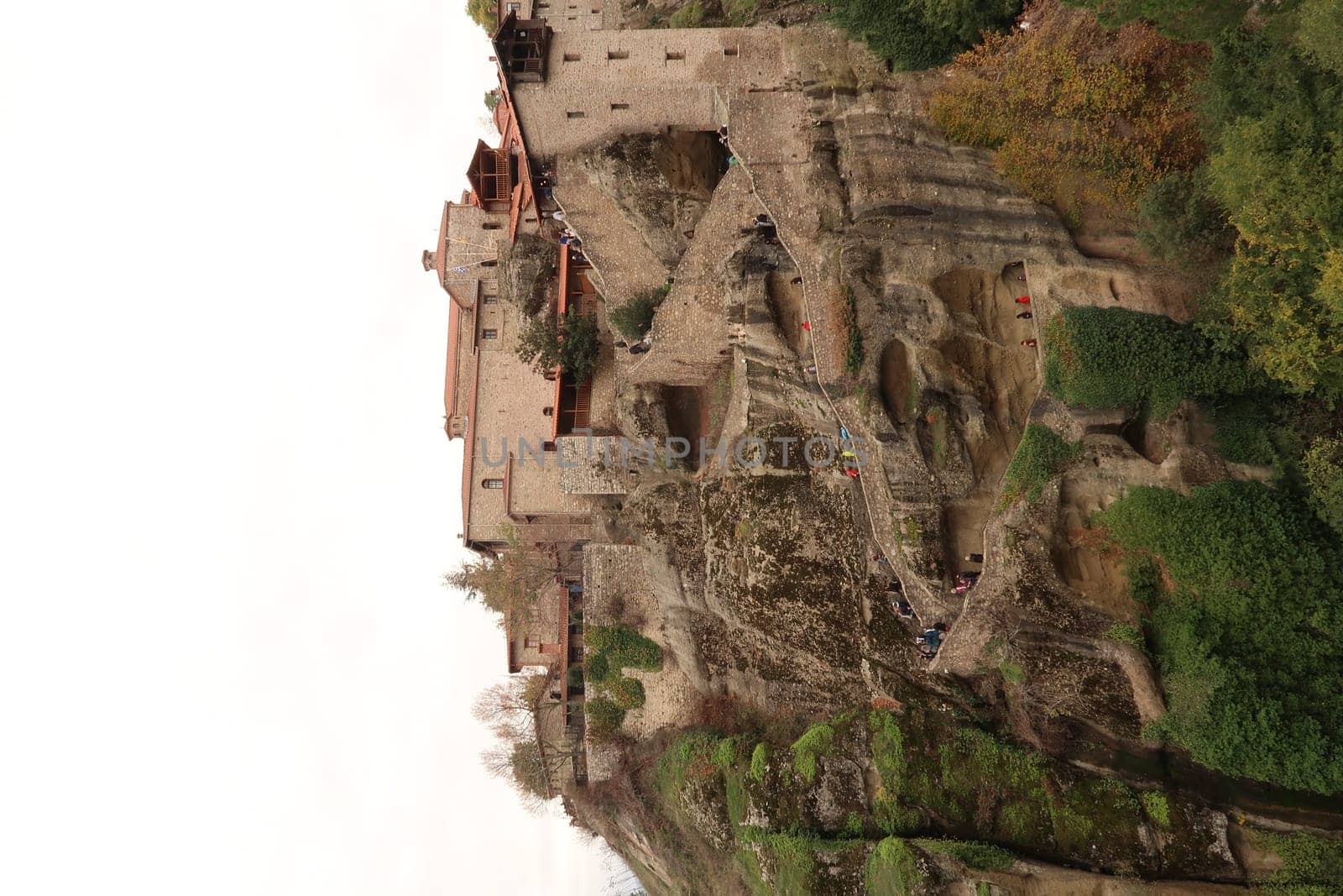 Vertikal shot of the Holy Monastery of Great Meteoron, built on top of a rock, Meteora, Greece 2021
