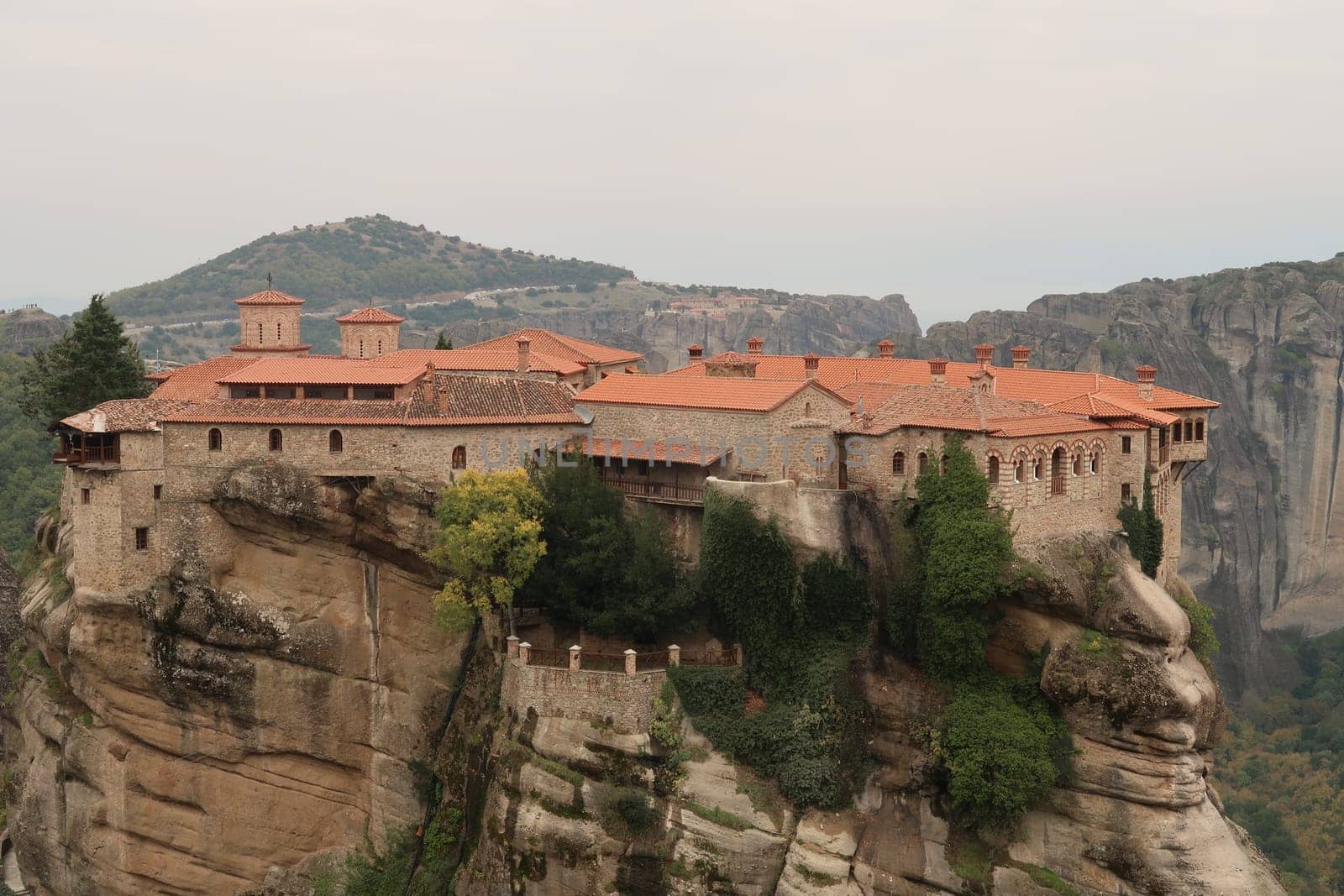 The big Monastery of Varlaam, built on top of a rock pillar, Meteora, Greece 2021