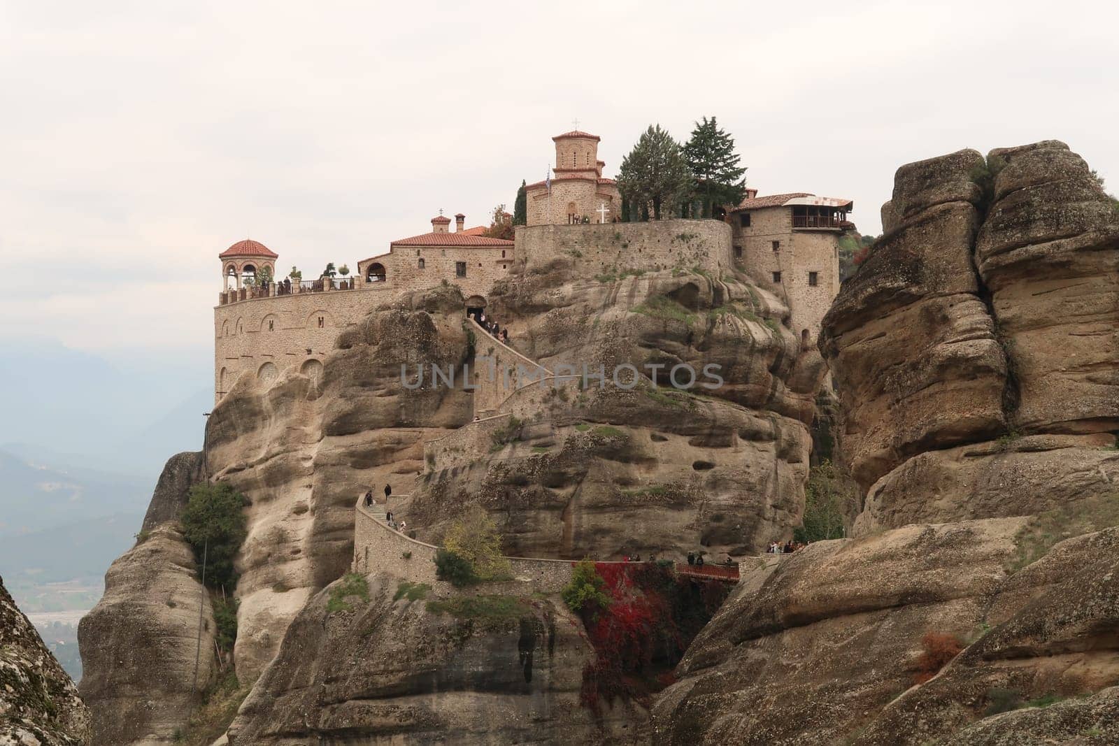 Fantastic view onto the Monastery of Varlaam, built on top of a rock, Meteora, Greece 2021