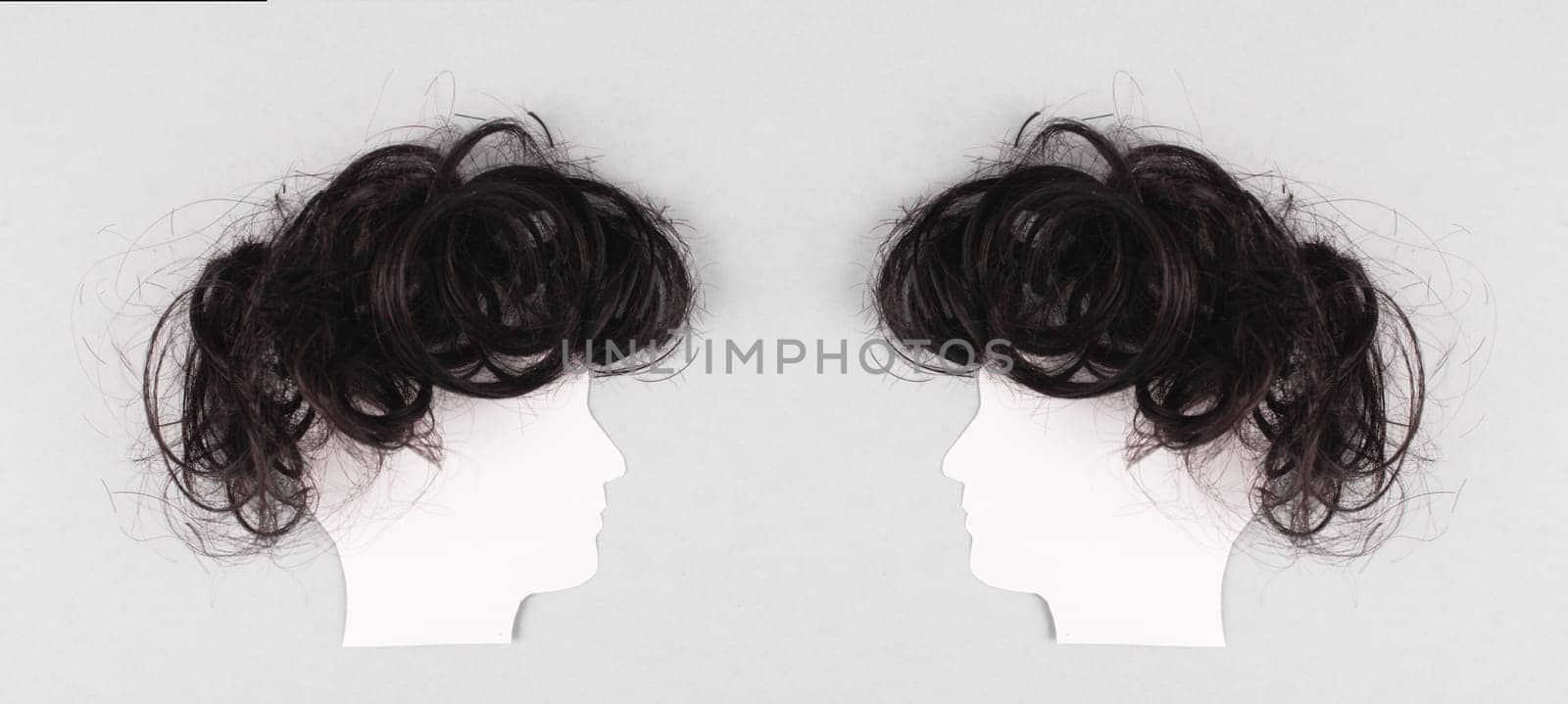 Silhouette of two faces with hair looking to each other, communication, having an opinion and discussion, free speech, people talking