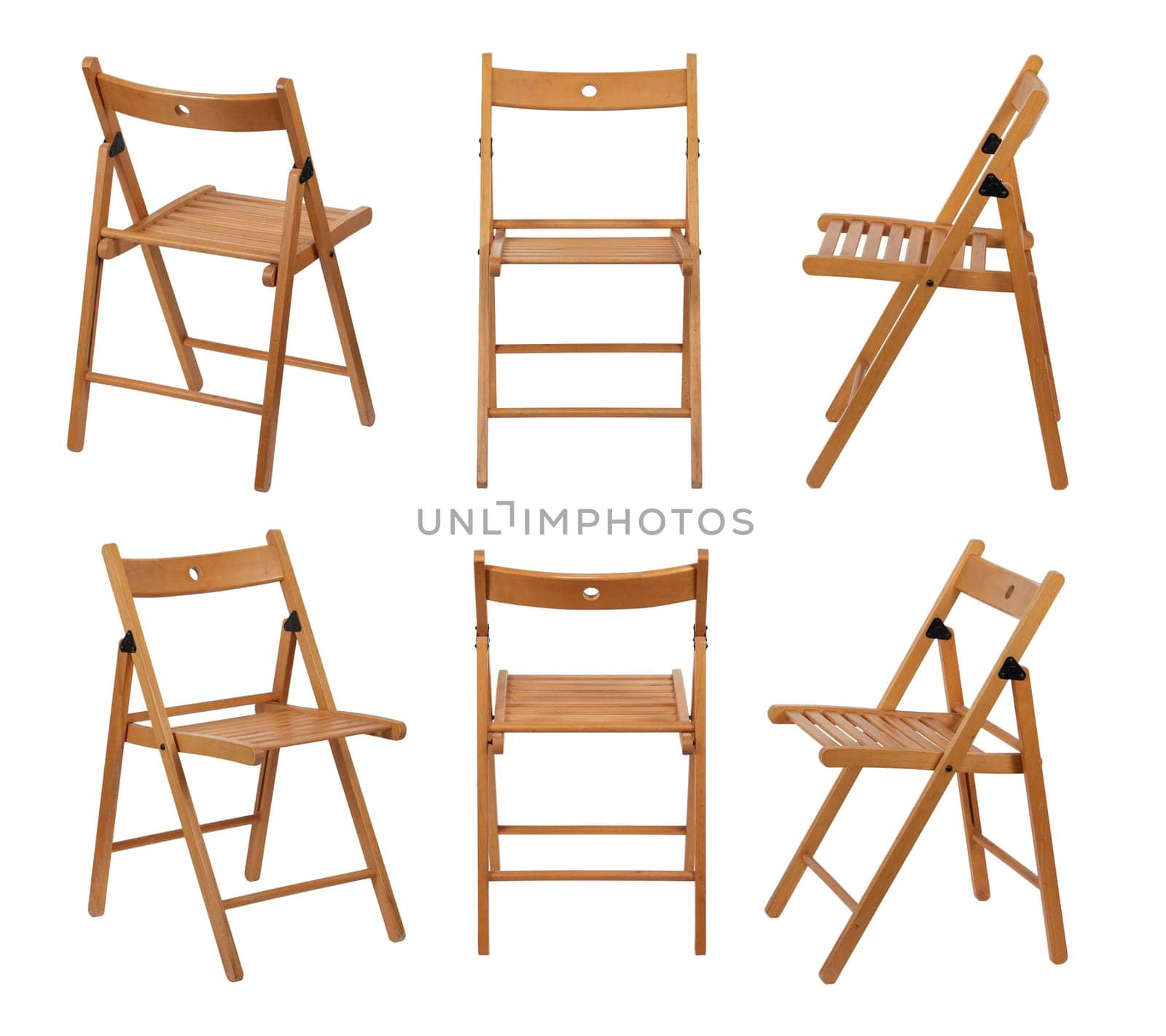 Six different angles of a folding wood chair on white with clipping path