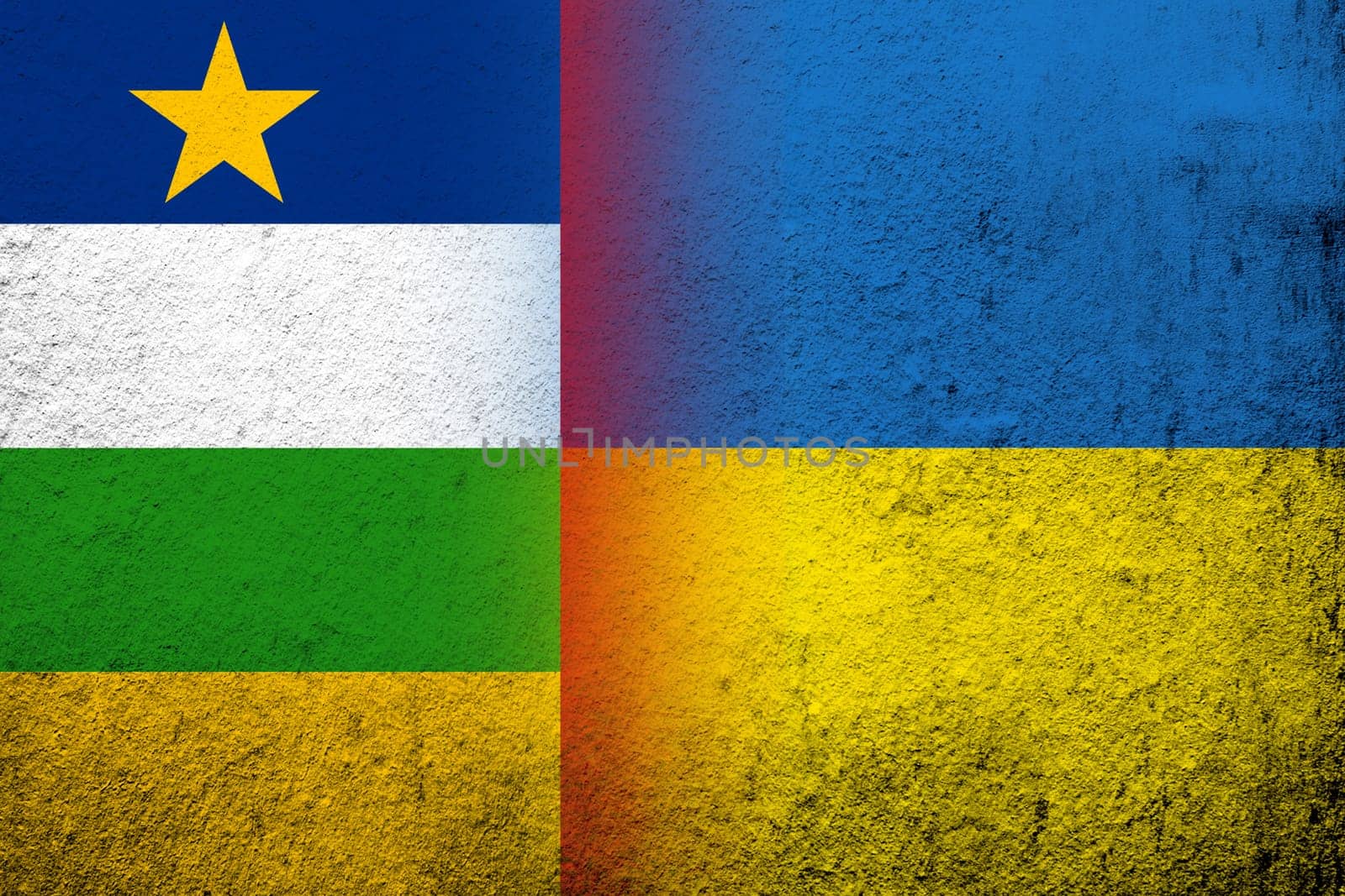 National flag of Central African Republic with National flag of Ukraine. Grunge background