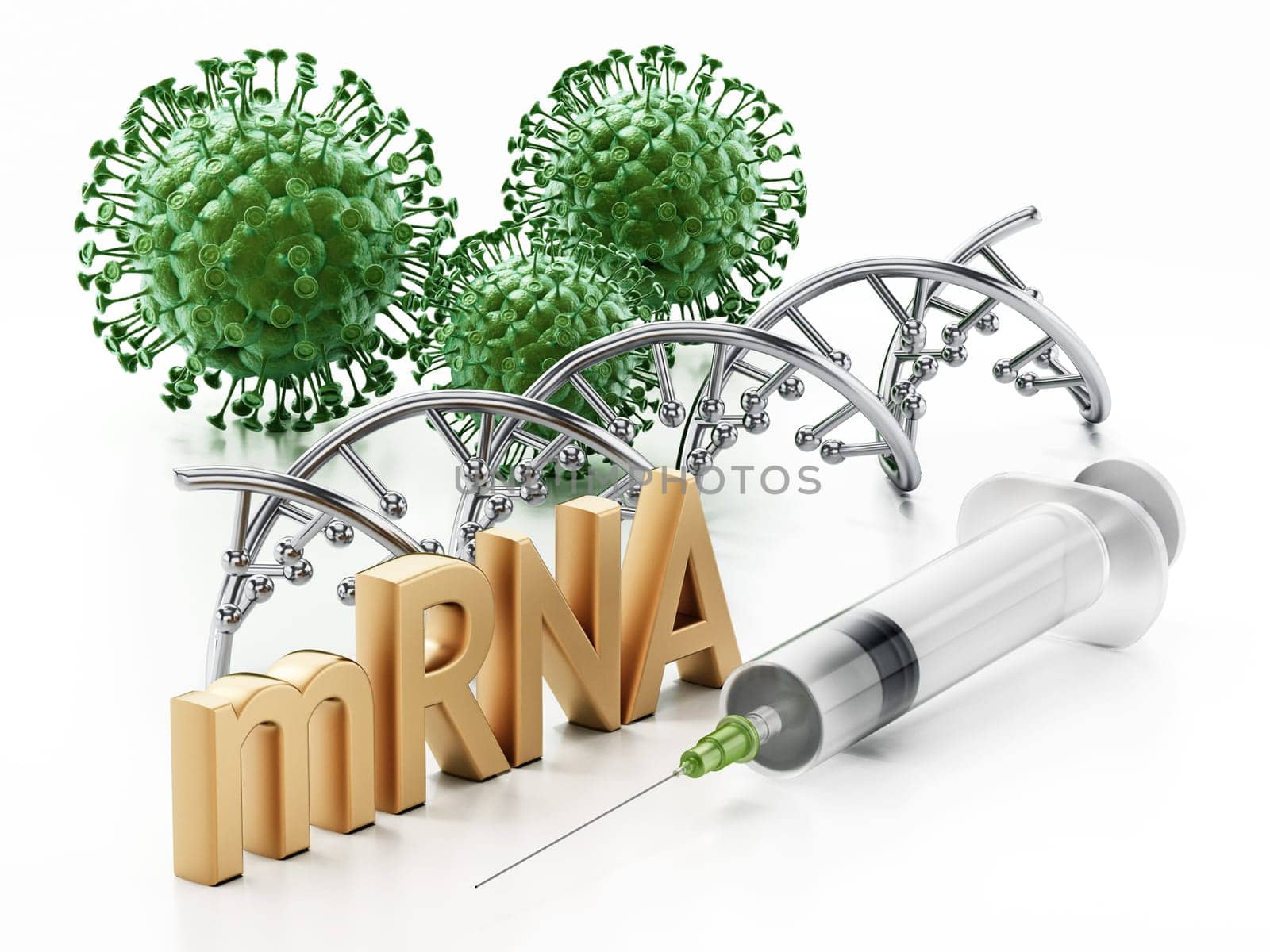 DNA model, syringe, virus model and mRNA text isolated on white background. 3D illustration.