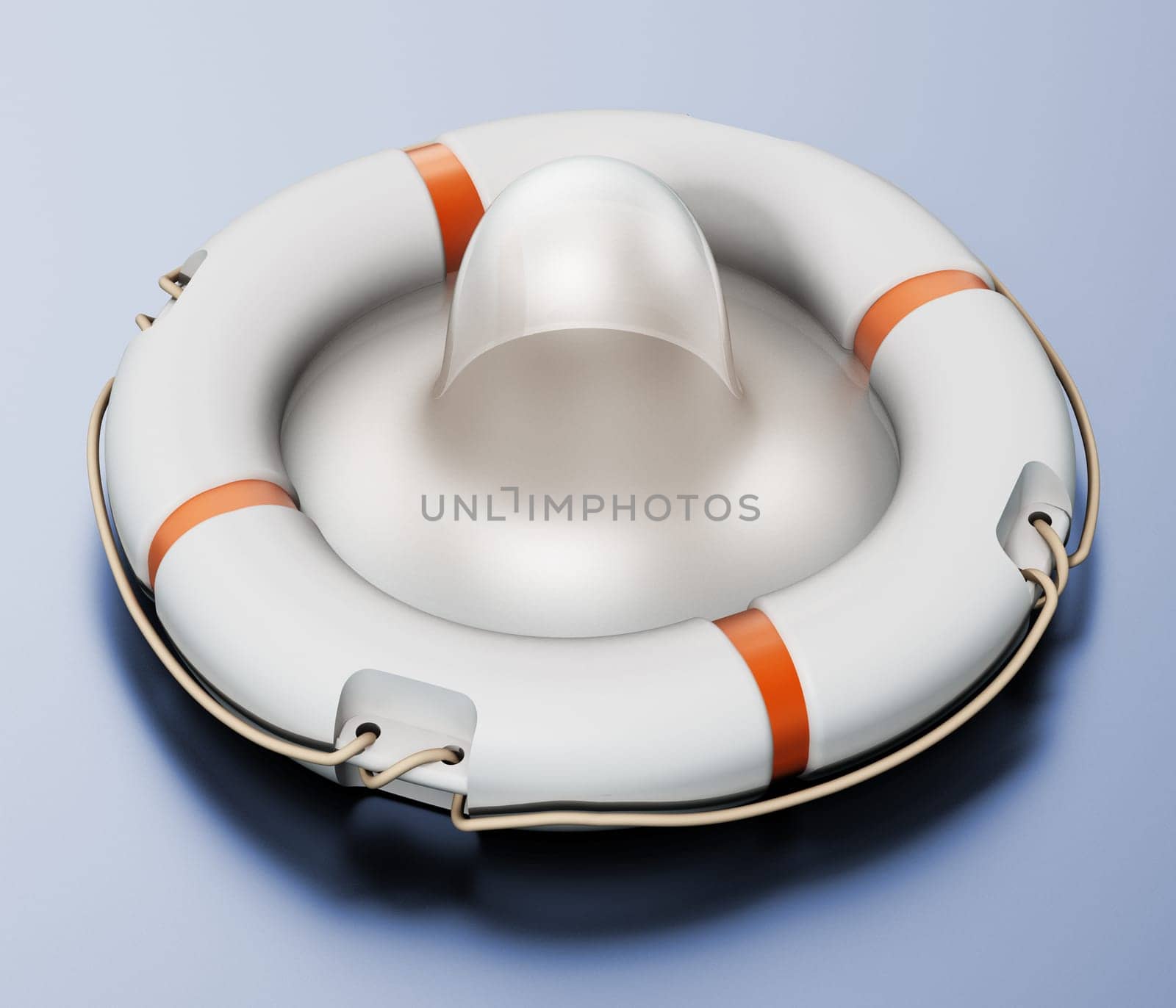 Condom inside lifebelt on gray surface. 3D illustration.
