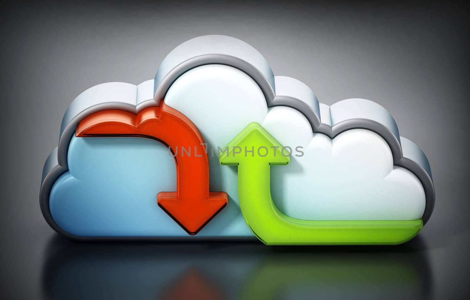 Uploading and downloading arrows and cloud shape. 3D illustration.