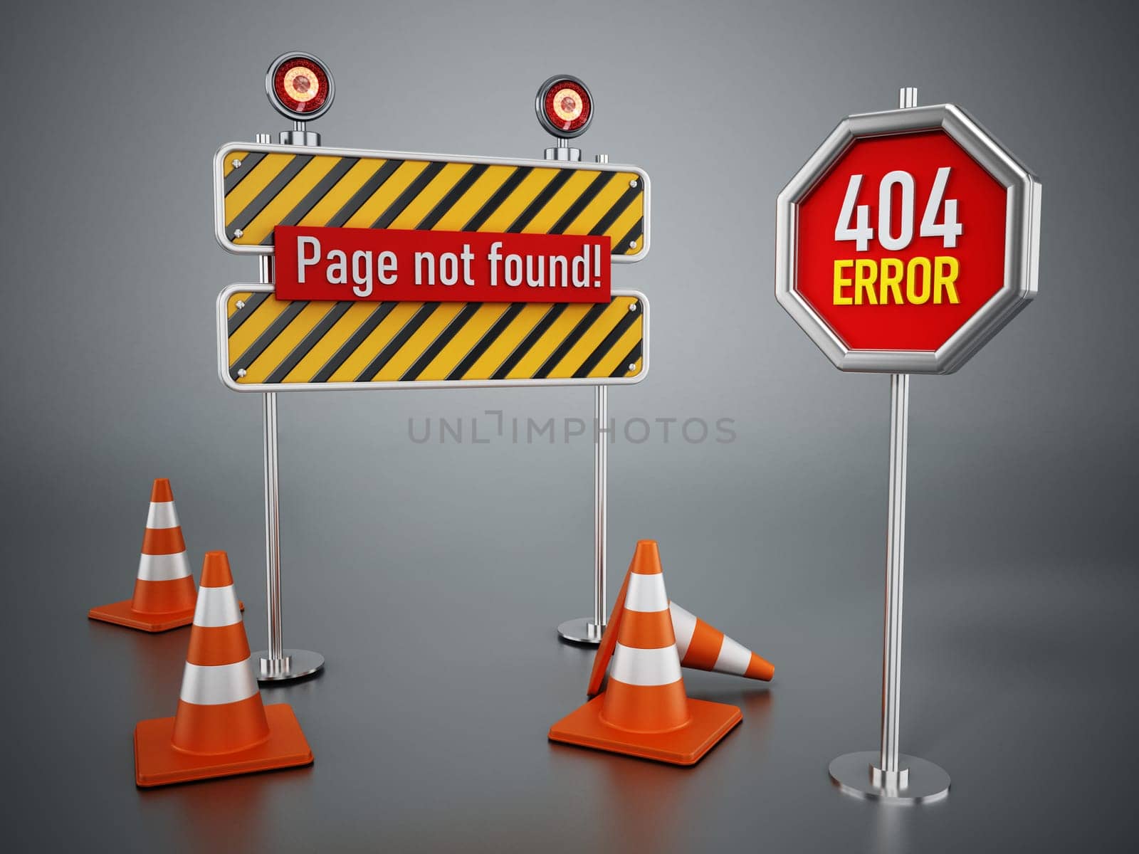 404 web page not found error signboard and traffic cones. 3D illustration.