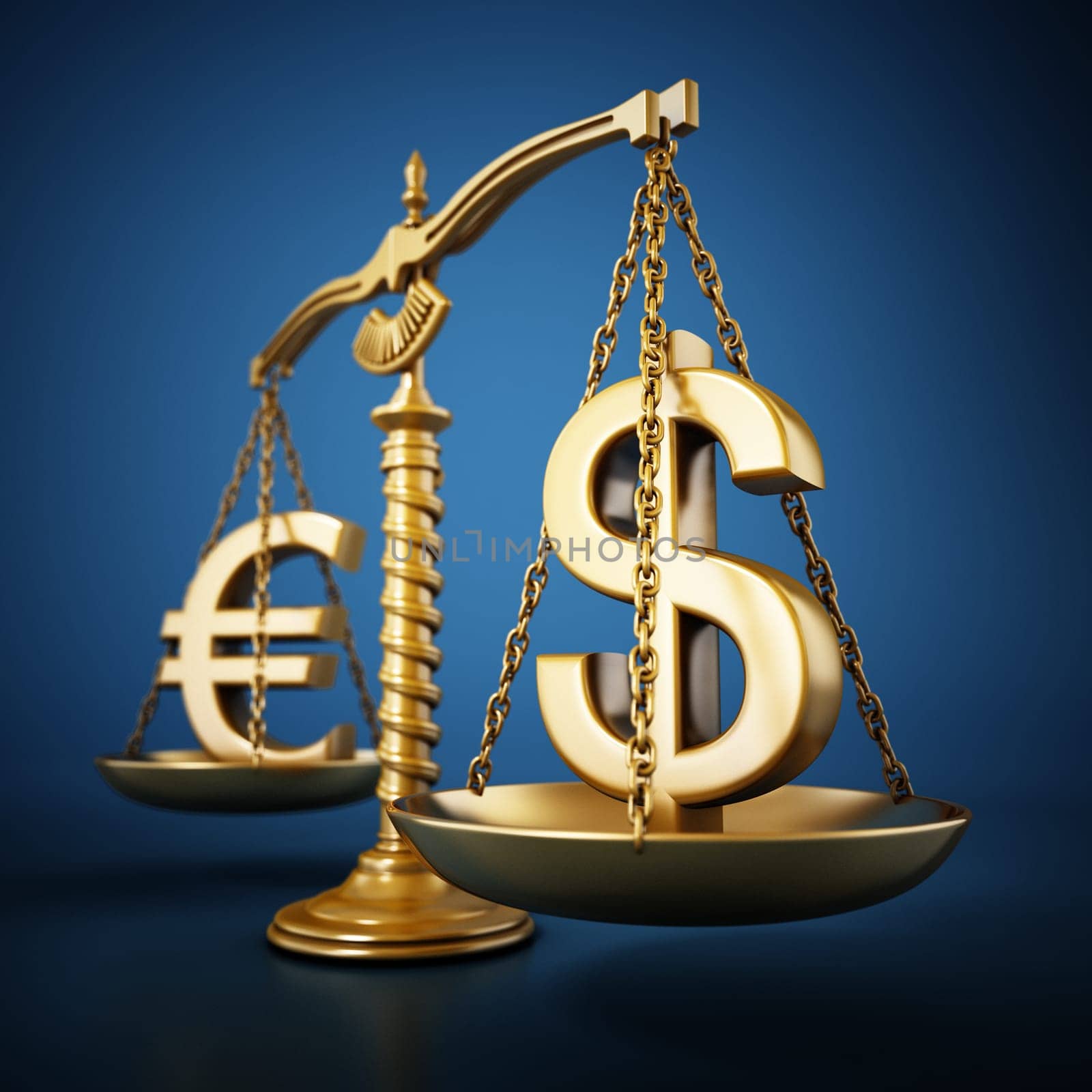Golden Euro and Dollar signs standing on the scales of a balanced scale. 3D illustration.