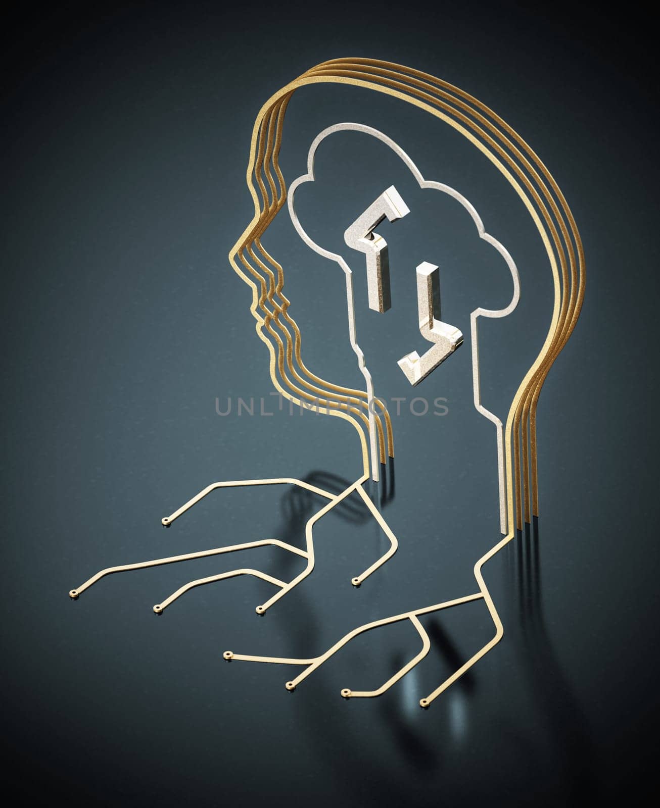 PCB circuit wires forming a head shape. Human and machine interaction concept. 3D illustration.