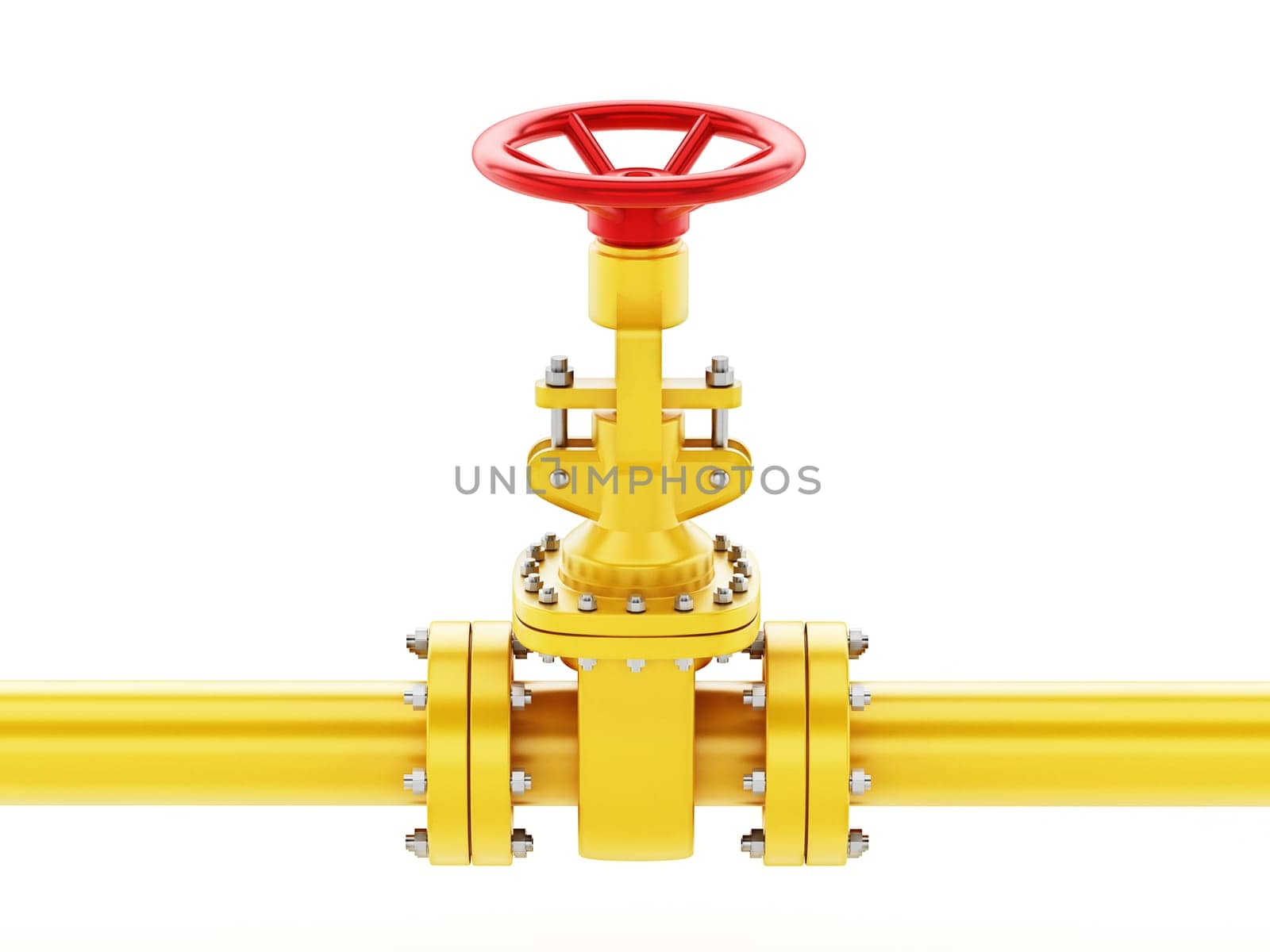 Yellow oil pipe with valve isolated on white background. 3D illustration.