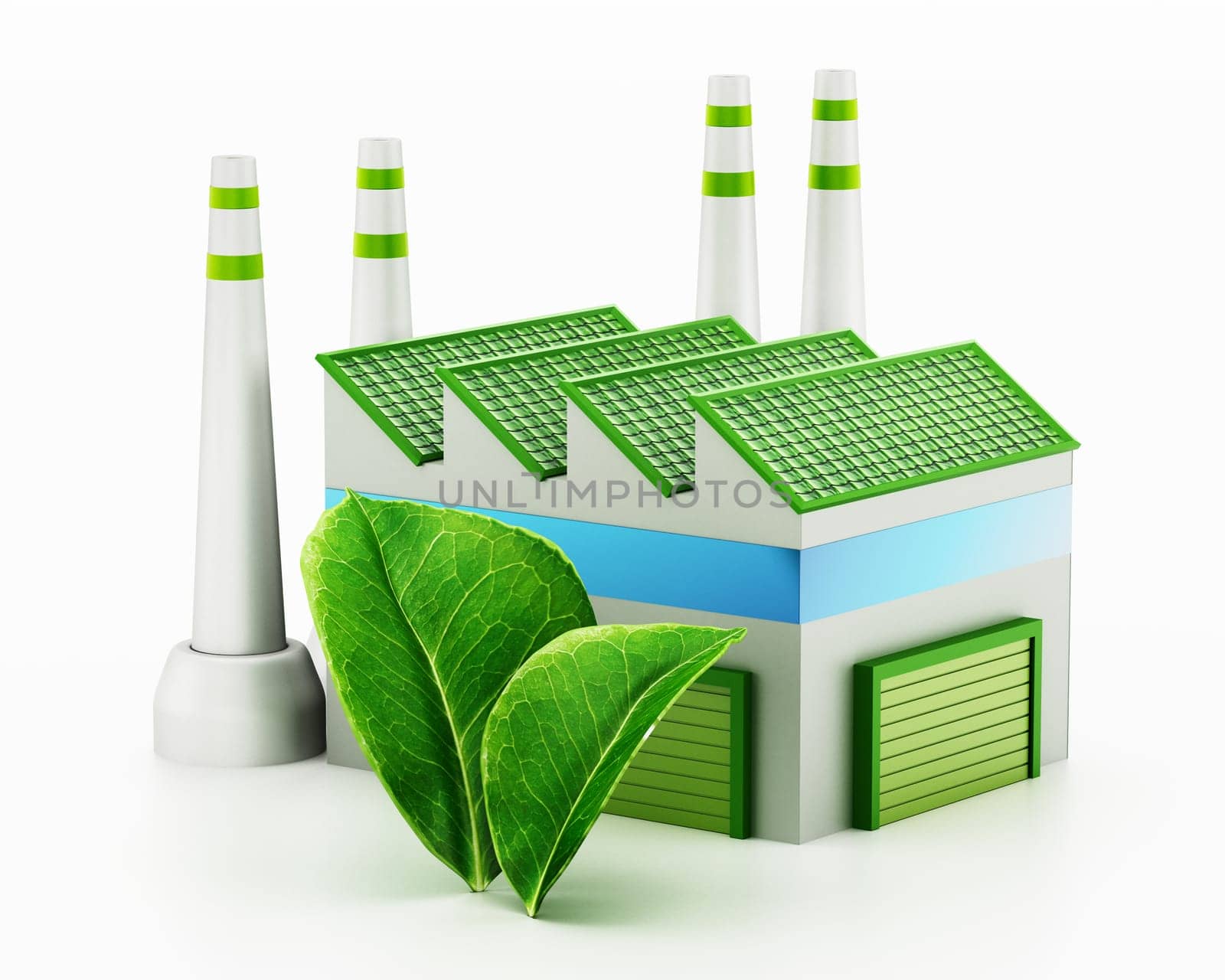Ecological factory isolated on white background. 3D illustration.