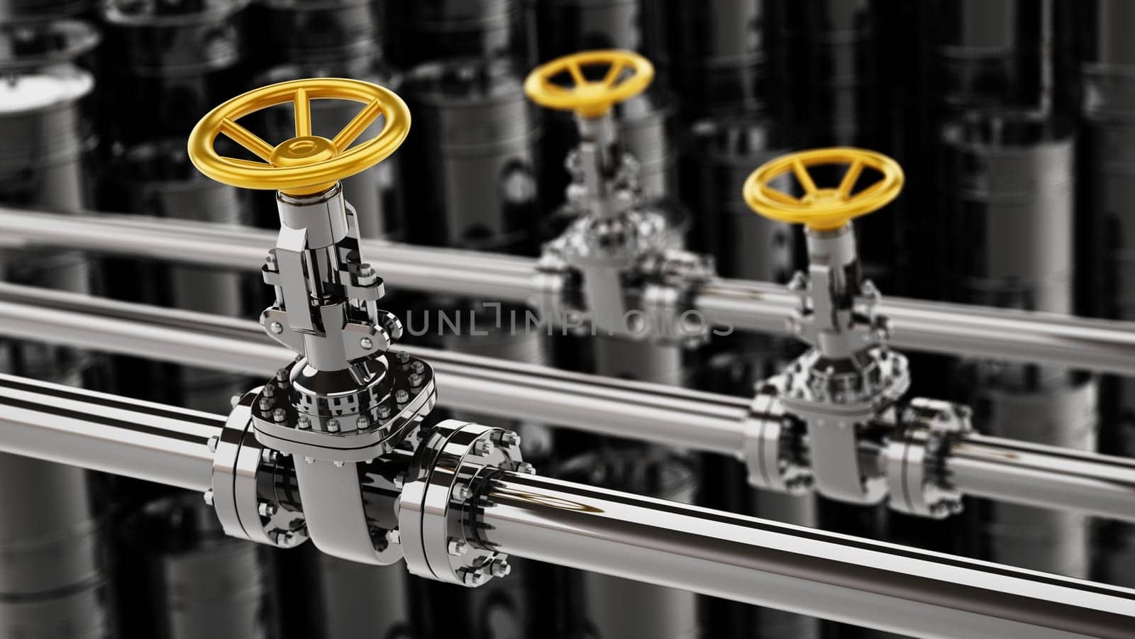 Oil pipes with yellow valves against black oil drums background. 3D illustration.