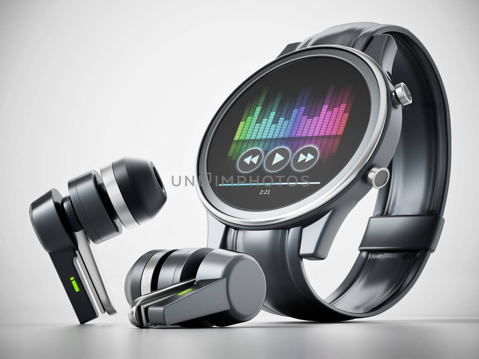 Generic smartwatch and wireless bluetooth headphones. 3D illustration.