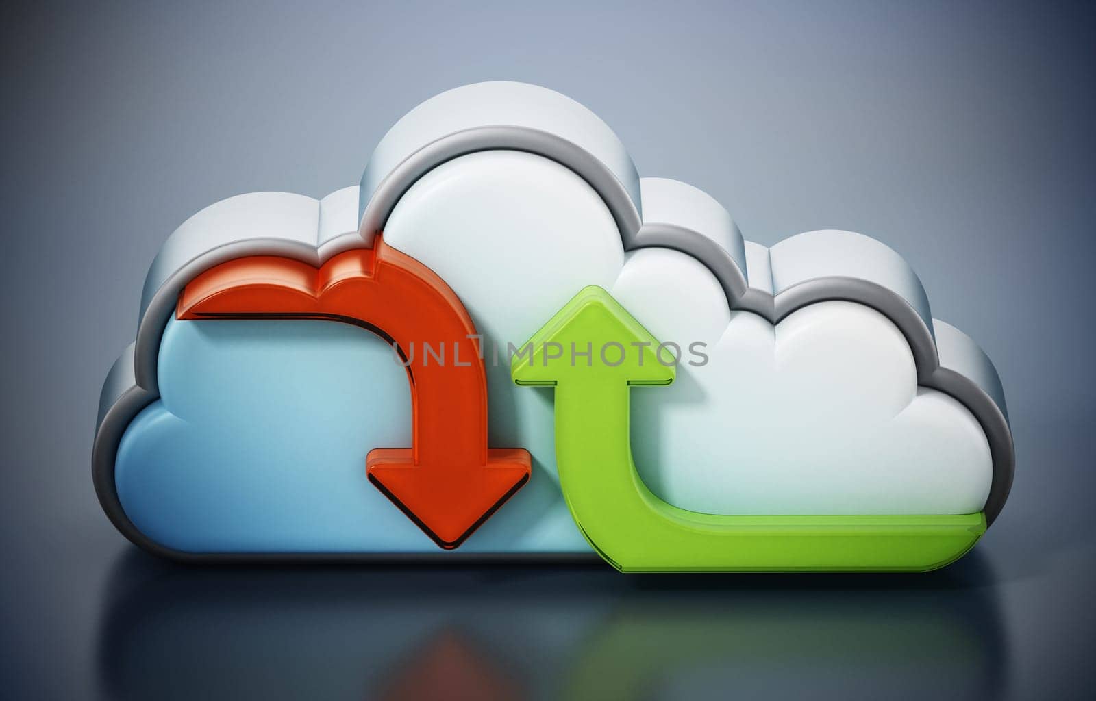 Uploading and downloading arrows and cloud shape. 3D illustration.