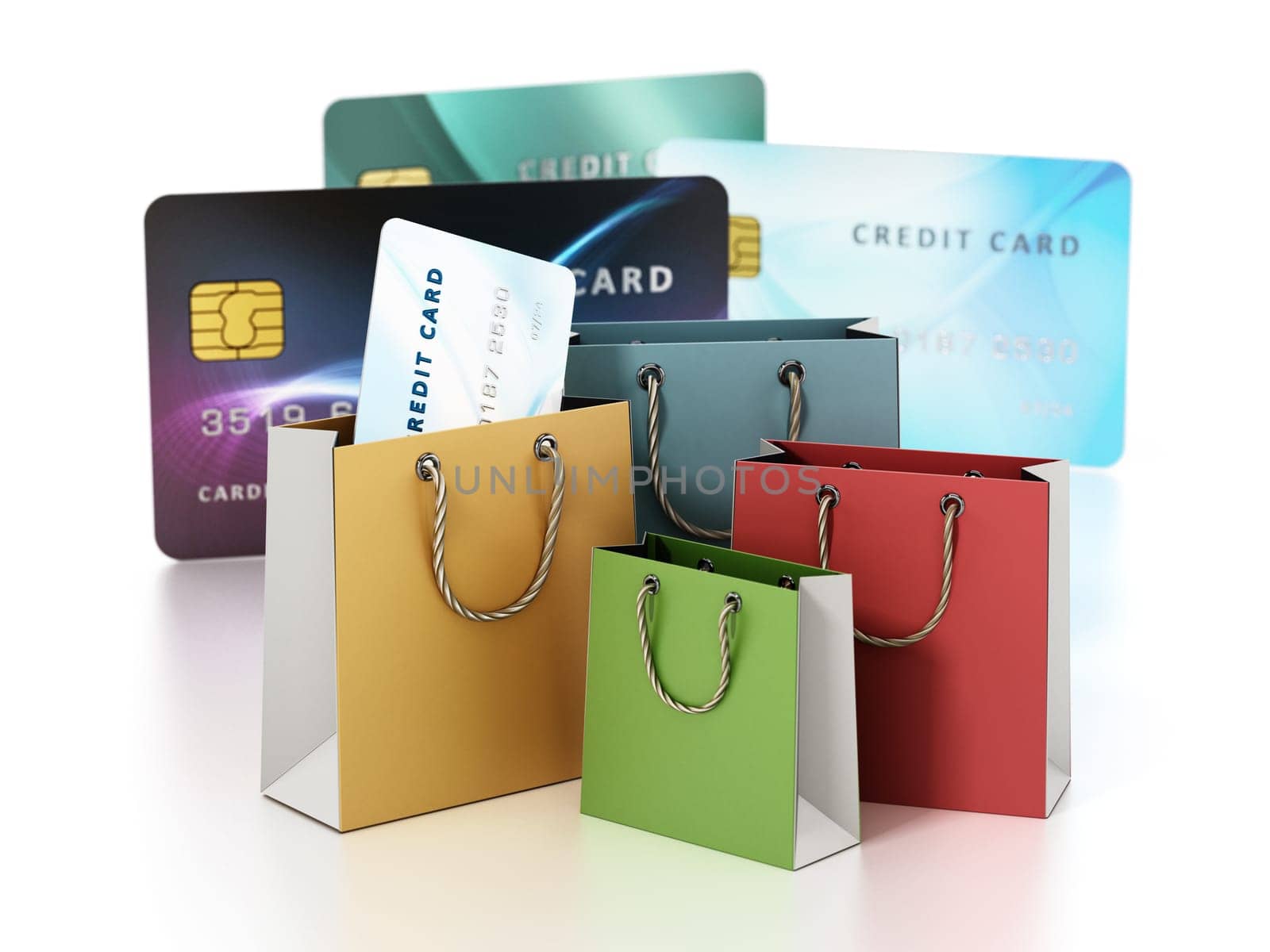 Shopping bags and generic credit cards isolated on white background. All information on the cards are fictitious. 3D illustration.