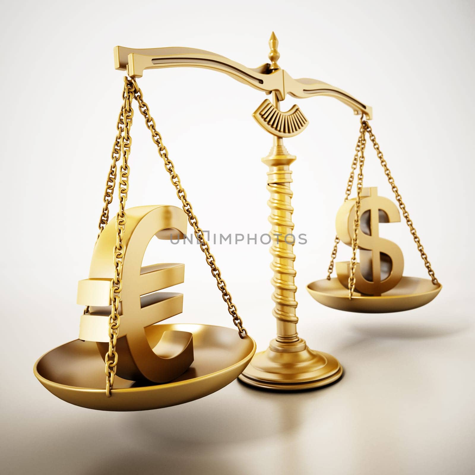 Golden Euro and Dollar signs standing on the scales of a balanced scale. 3D illustration.