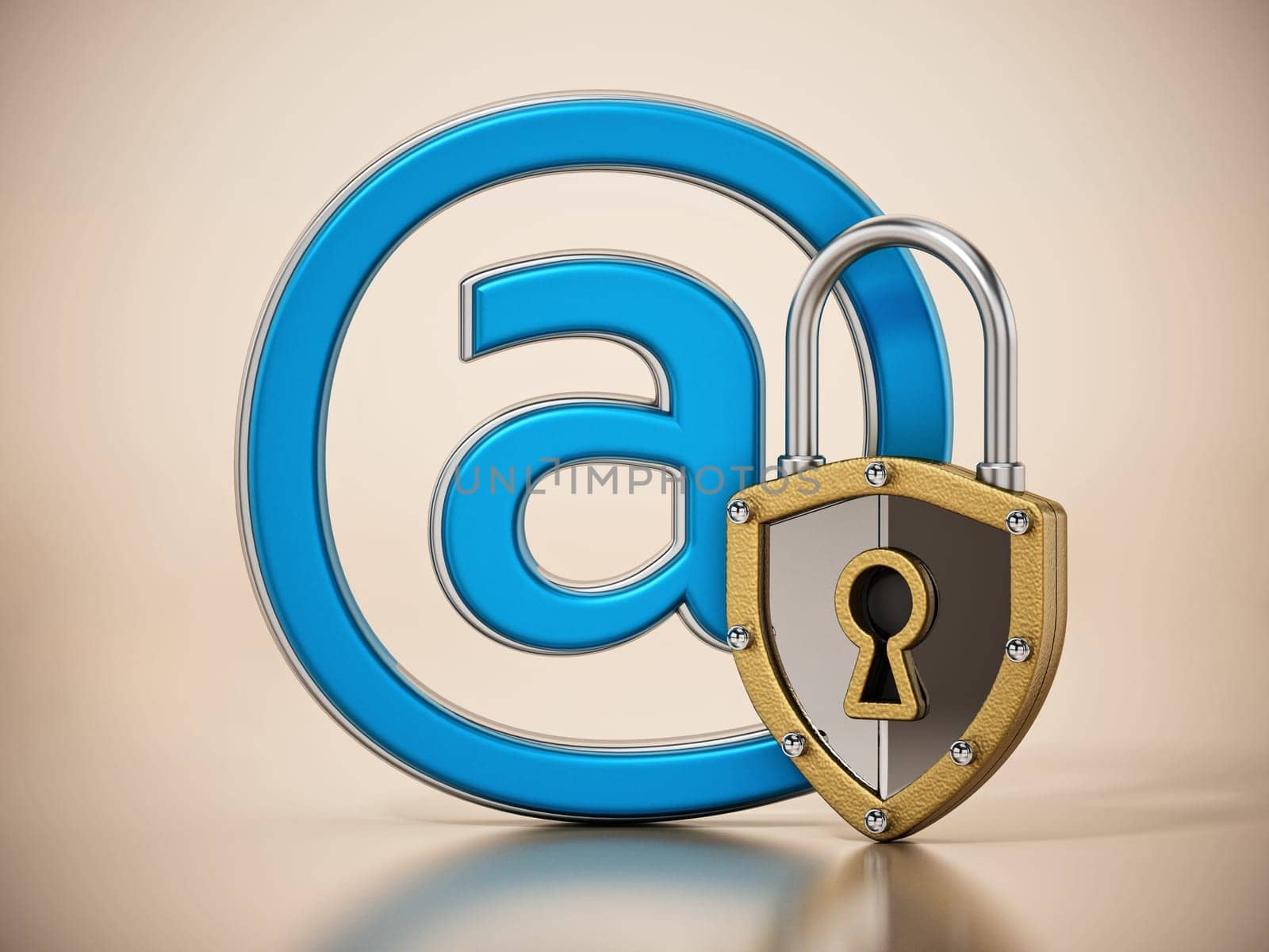 At sign locked with shield shaped. 3D illustration.