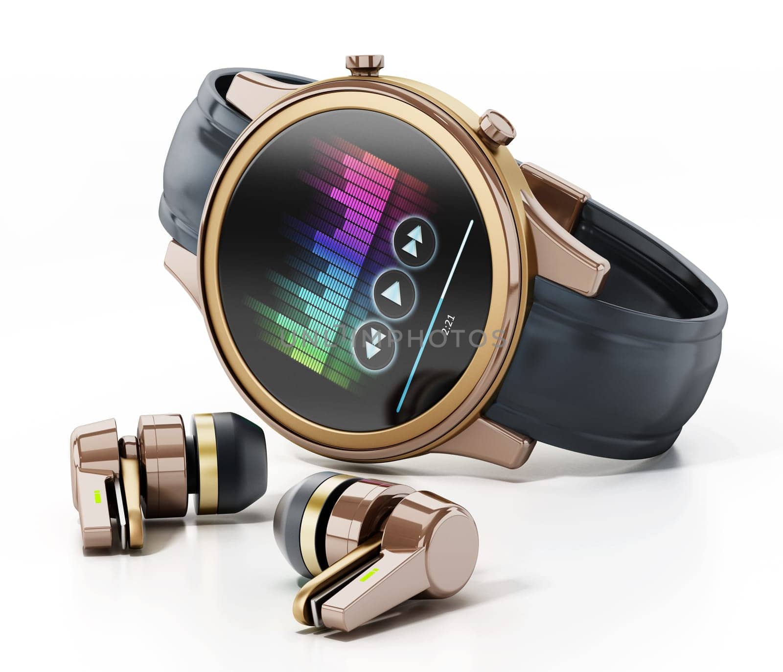 Generic smartwatch and wireless bluetooth headphones. 3D illustration.