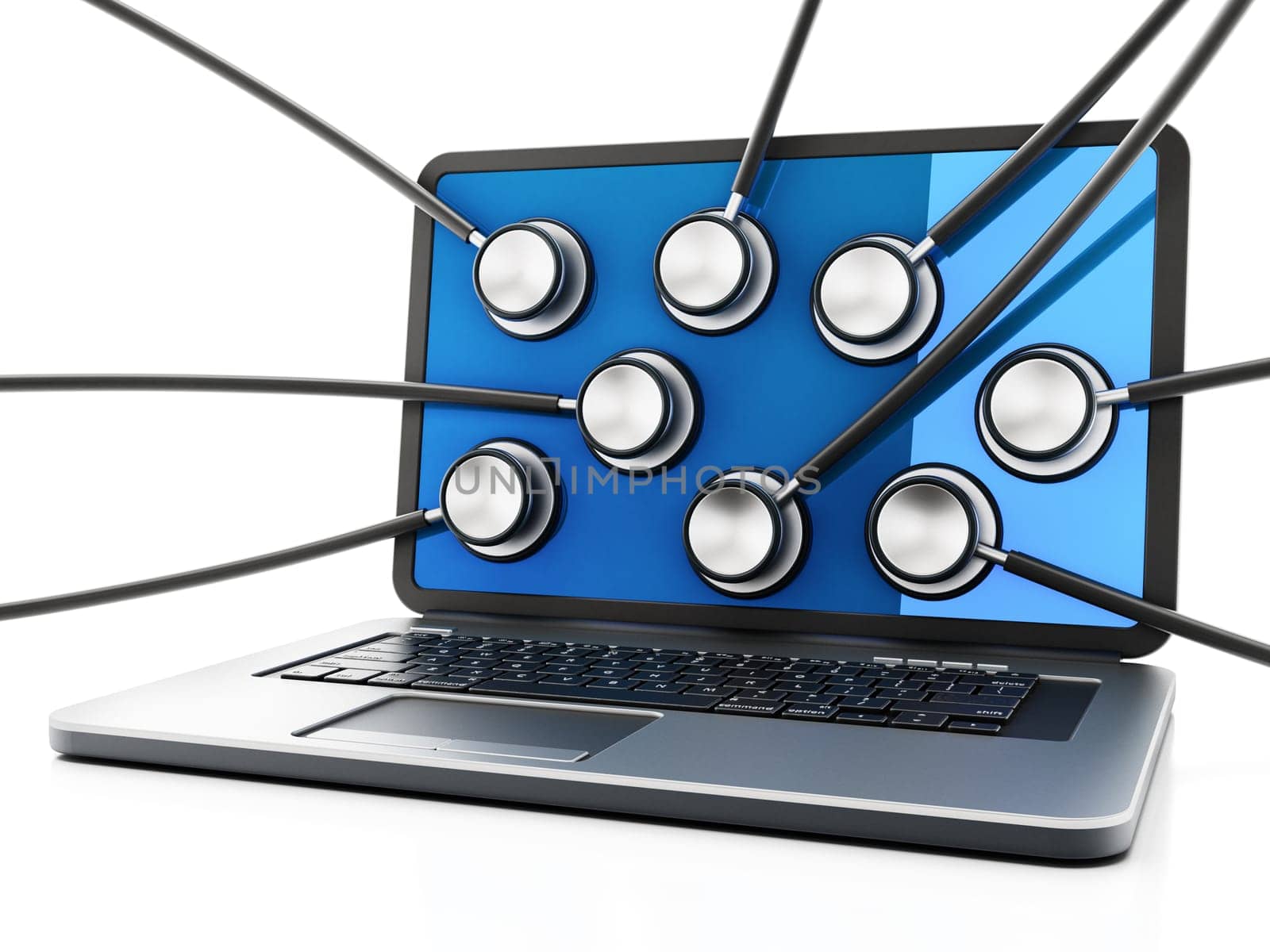 Stethoscopes on the laptop computer screen. 3D illustration.