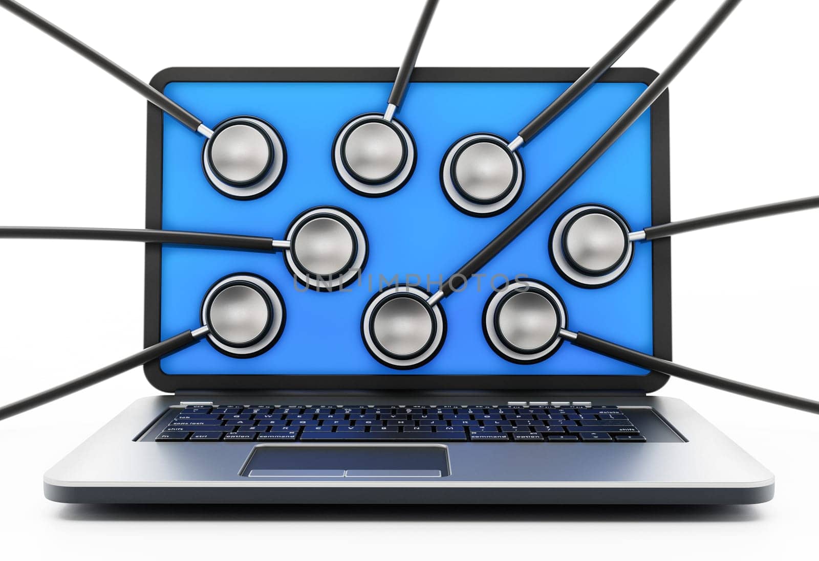 Stethoscopes on the laptop computer screen. 3D illustration.