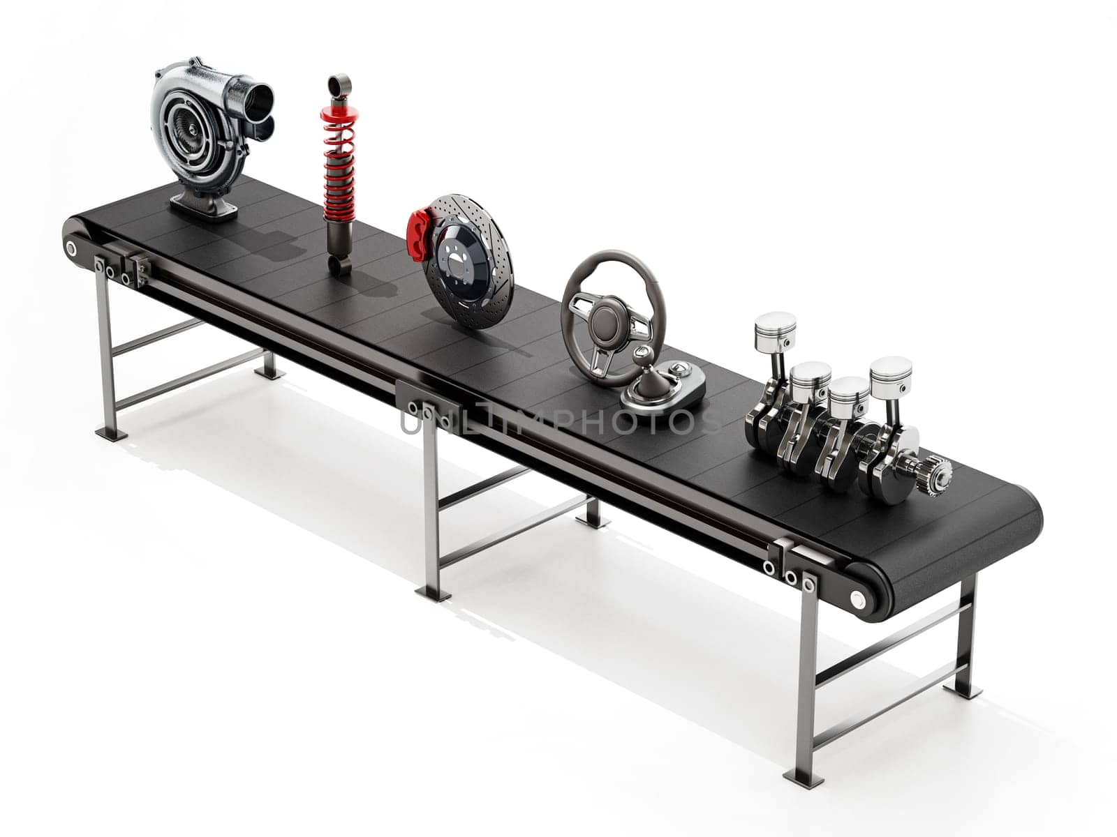 Conveyor belt carrying various car parts. 3D illustration.