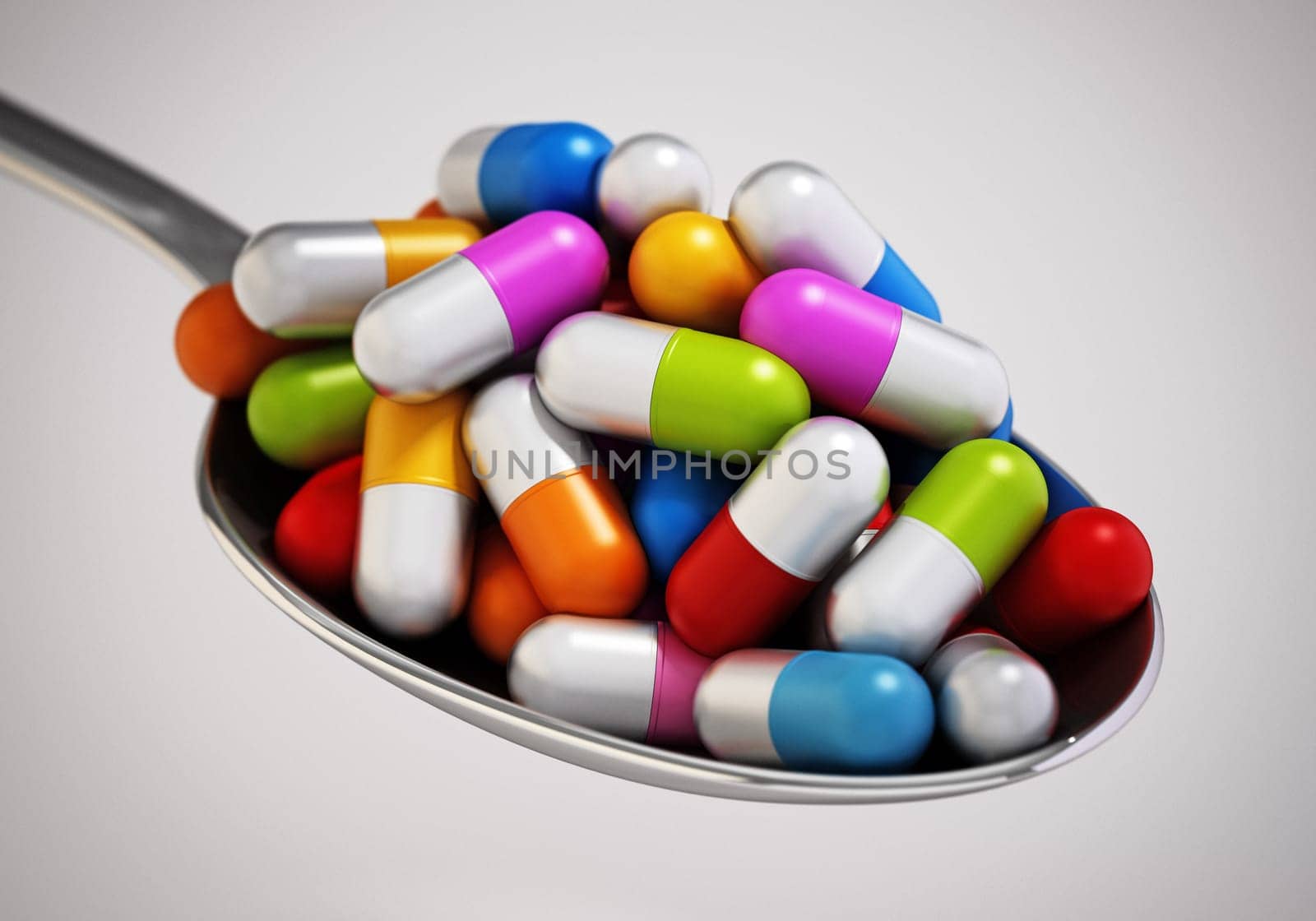 Multi colored vitamin pills inside a metal spoon. 3D illustration.