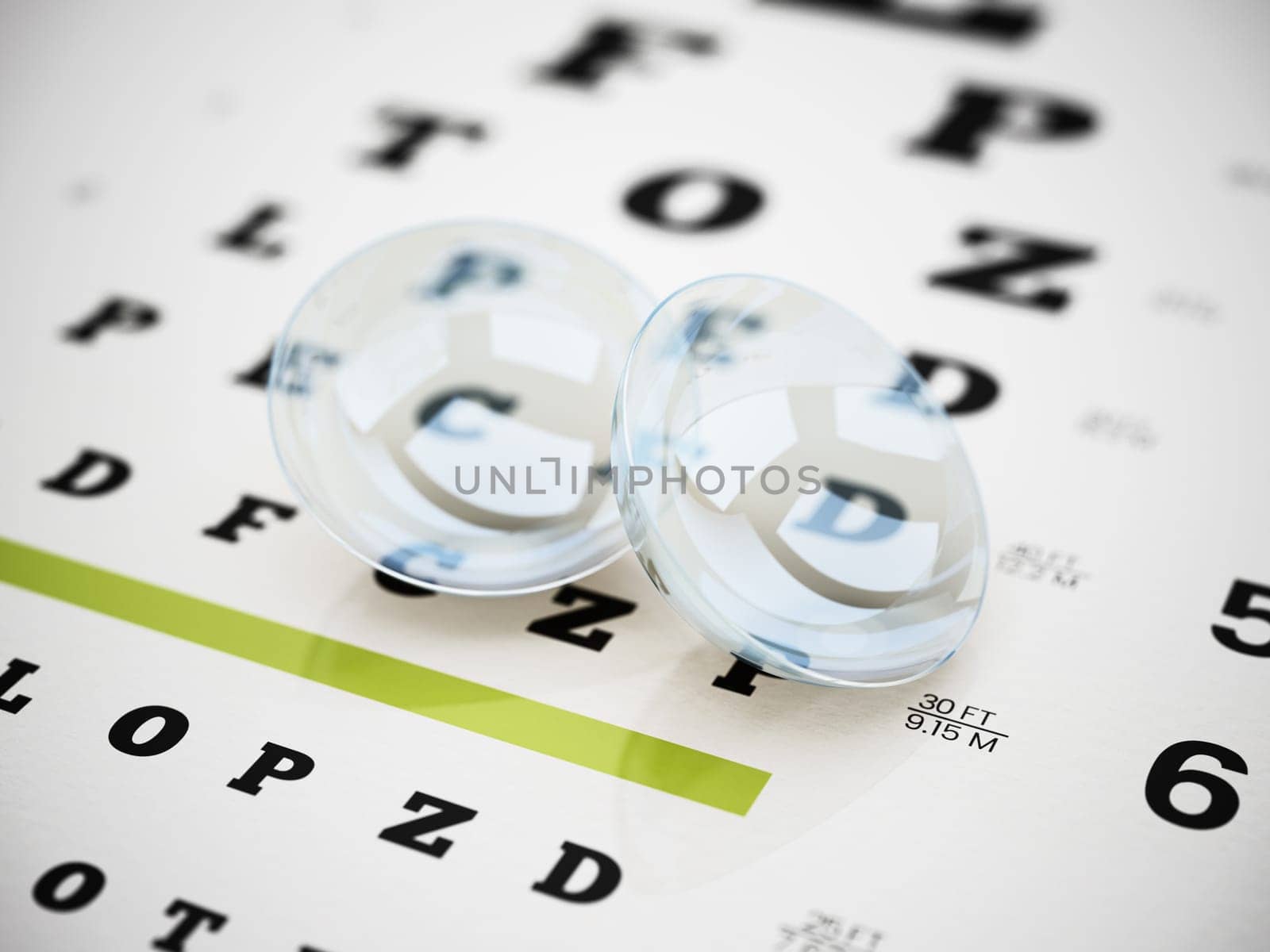 Set of optical lenses standing on eye test chart. 3D illustration.