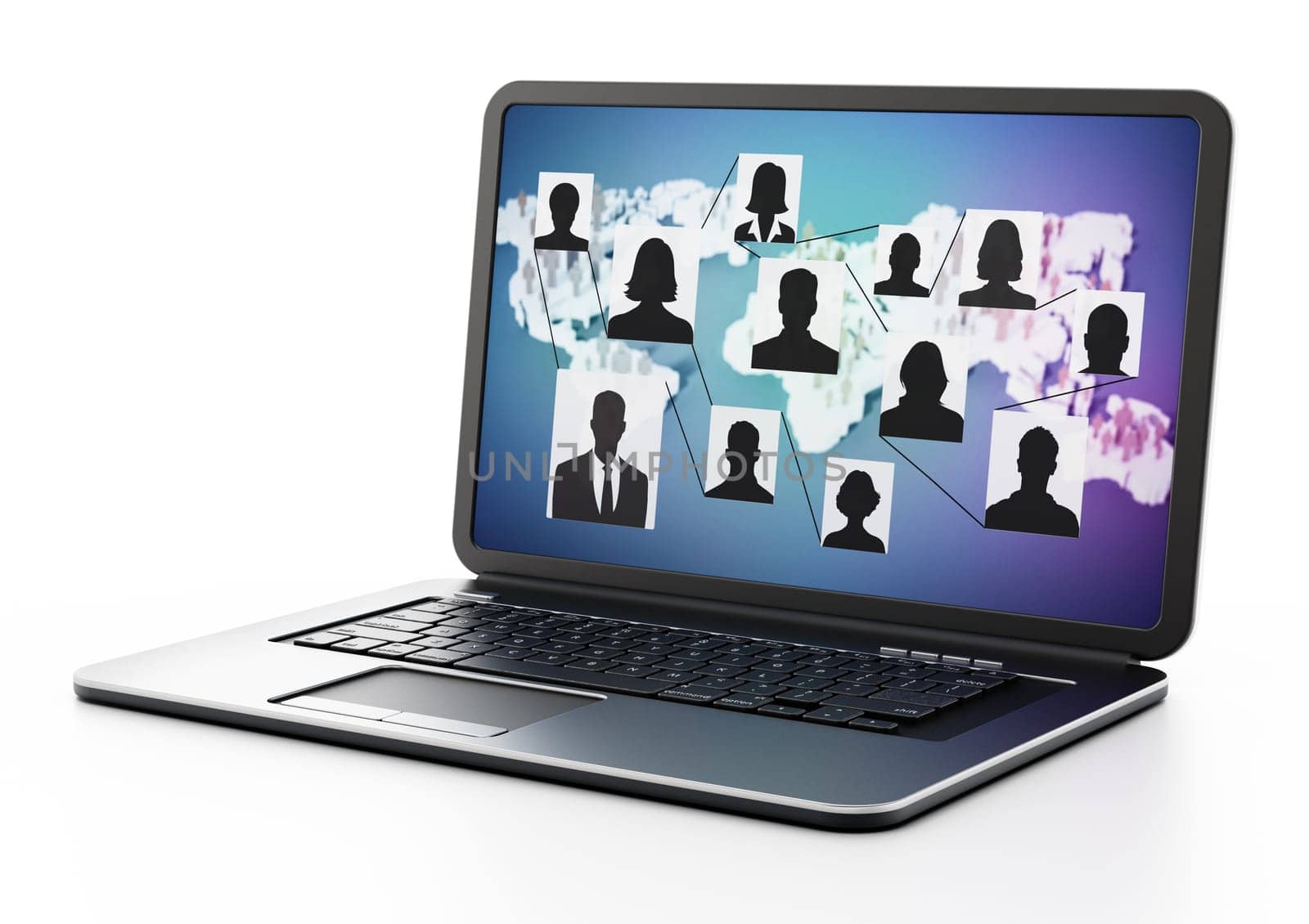 People silhouettes inside connected box shapes in laptop screen with world map. 3D illustration.