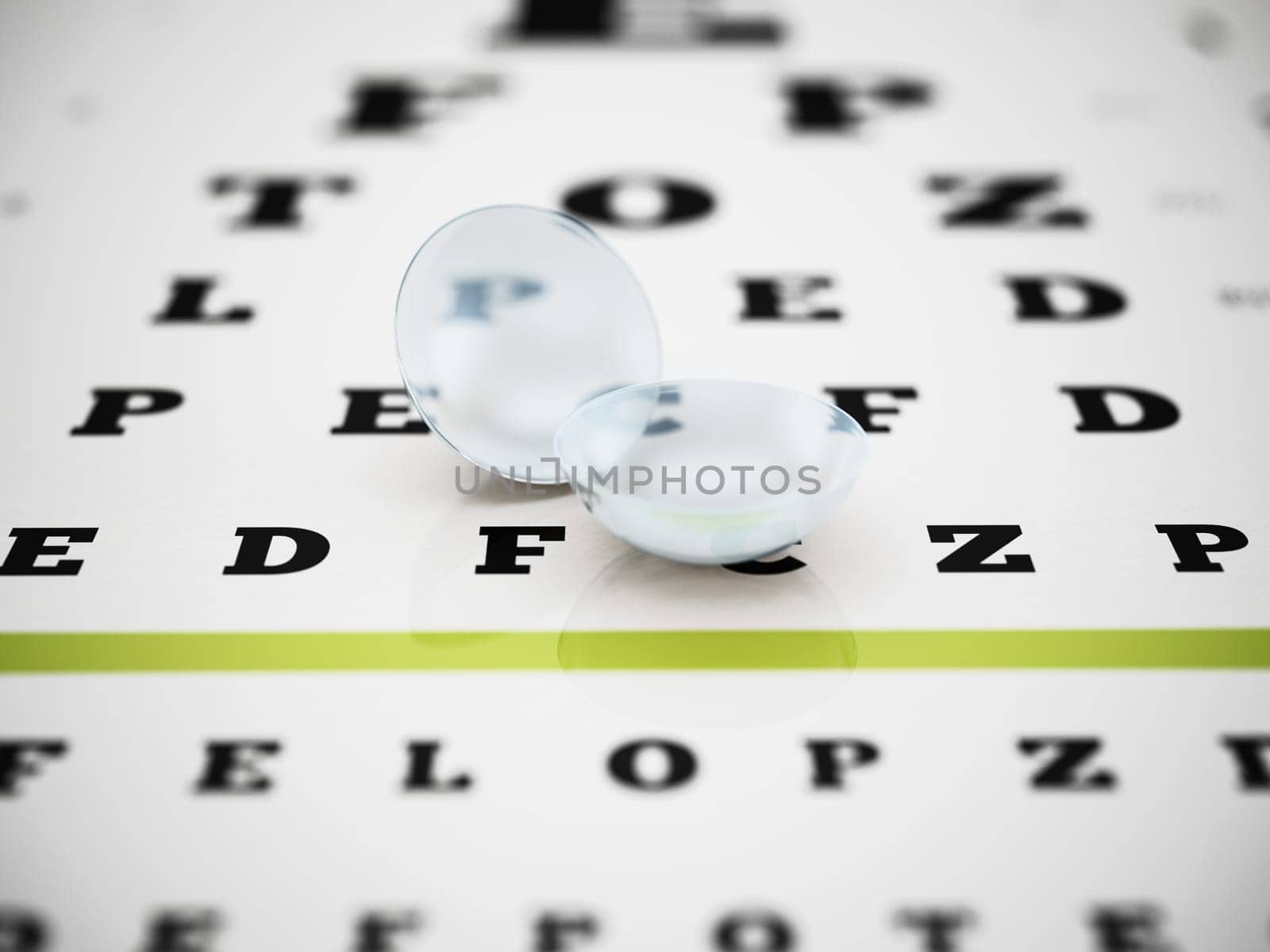 Set of optical lenses standing on eye test chart. 3D illustration.