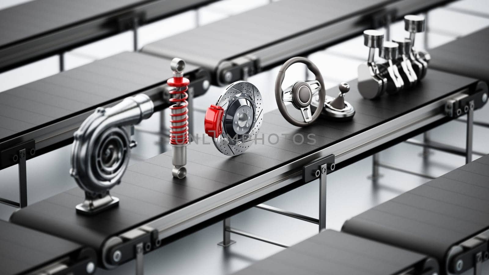 Conveyor belt carrying various car parts. 3D illustration.