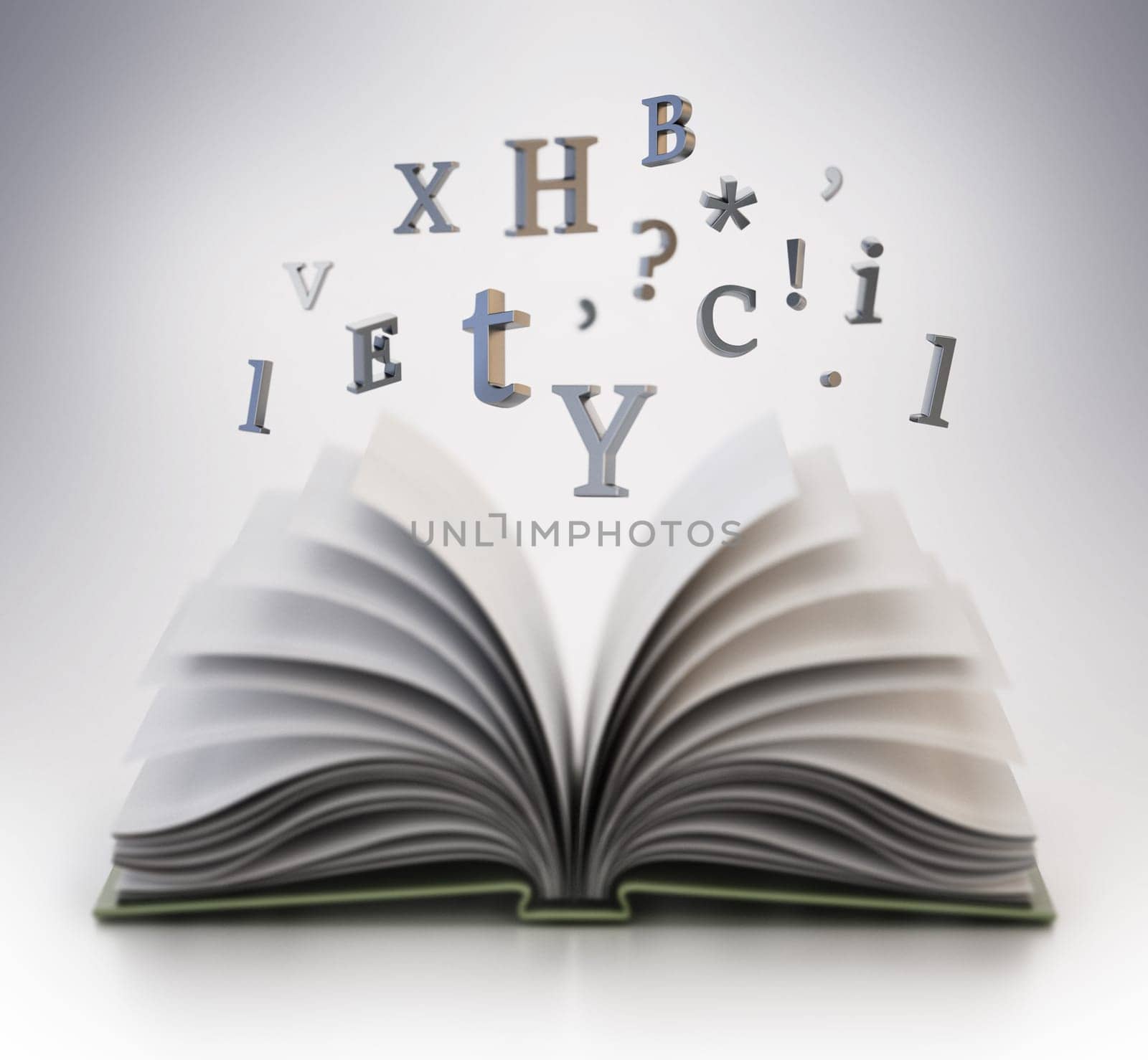 Open book with flying letters in the air. 3D illustration.